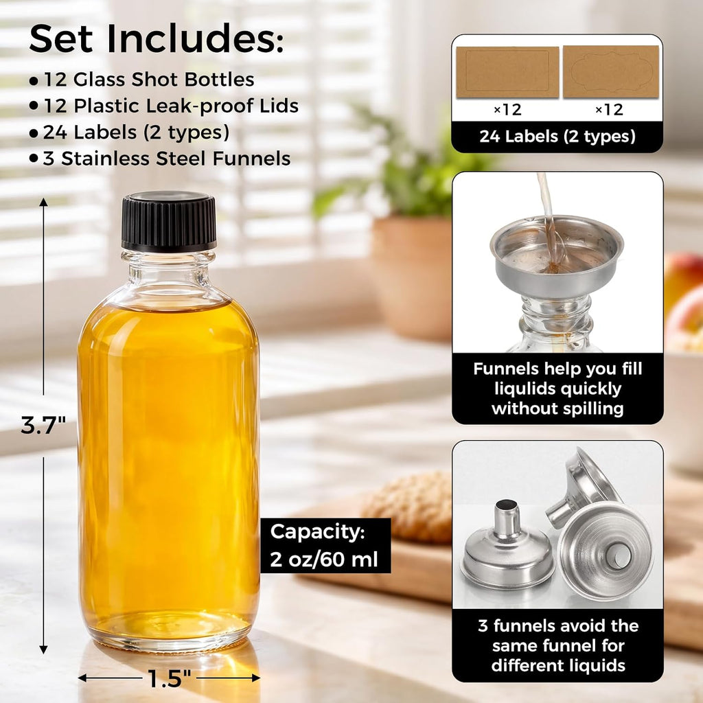 AOZITA 12 Pack, 2 oz Small Clear Glass Bottles w/Lid & 3 Funnels - 60ml Boston Shot Bottles for Health, Immunity, Potion, Wellness, Sample, Ginger, Juice - Mini Personal Care & Beauty Travel Bottle