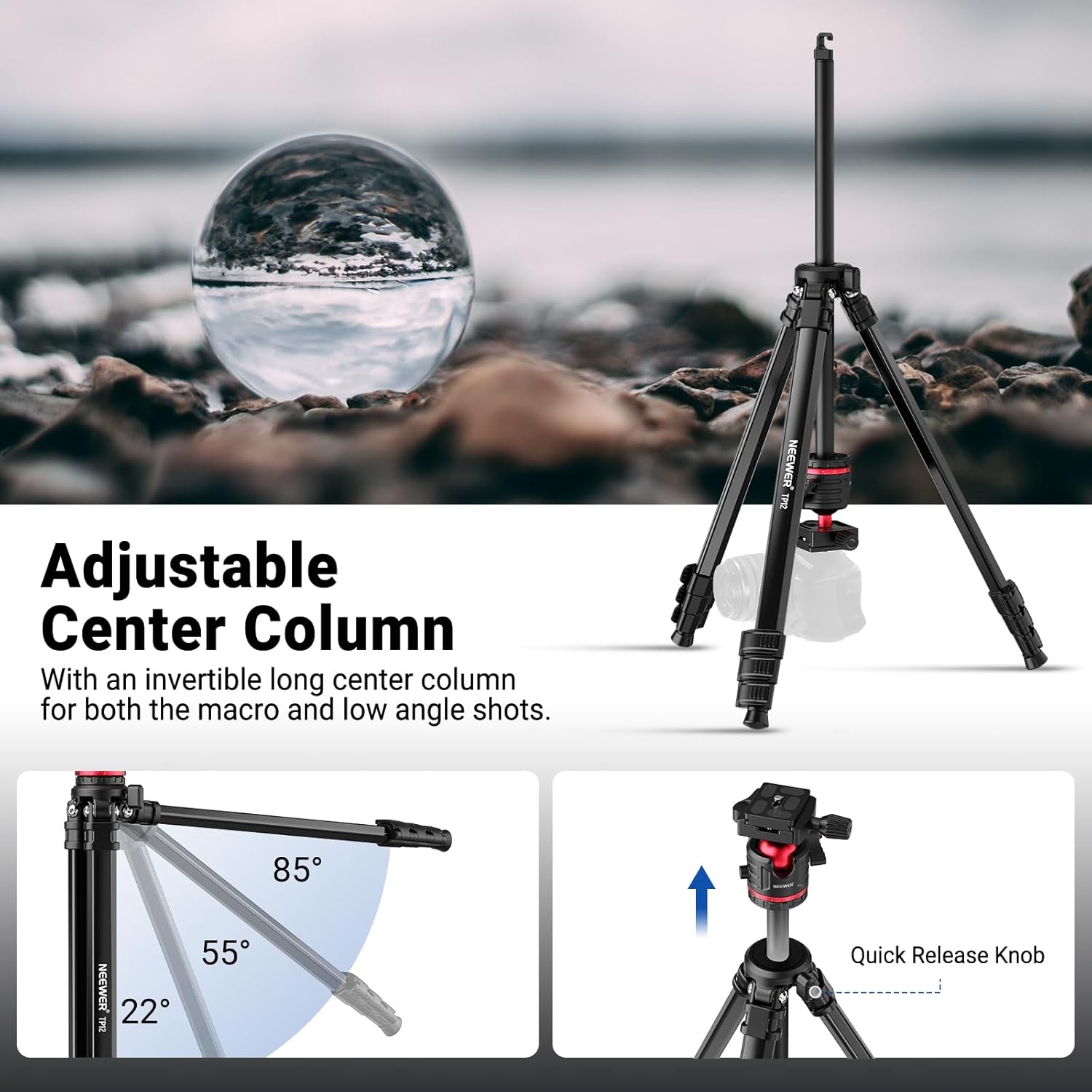 NEEWER Basics 66.5"/169 cm Travel Tripod for Camera, Lightweight Portable DSLR Stand with Ball Head, Arca Type QR Plate, Cell Phone Holder Compatible with iPhone Video Recording, Max Load 11 lb, TP12
