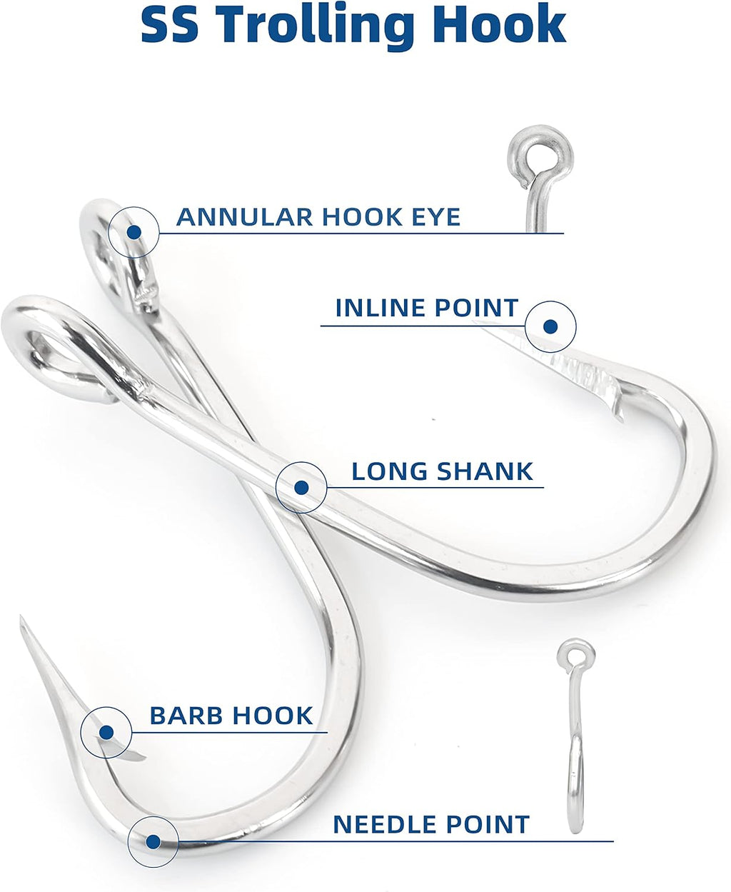 BLUEWING 5pcs/10pcs Stainless Steel Trolling Fishing Hooks Needle Point Extra Sharp Fish Hooks for Freshwater Saltwater Fishing
