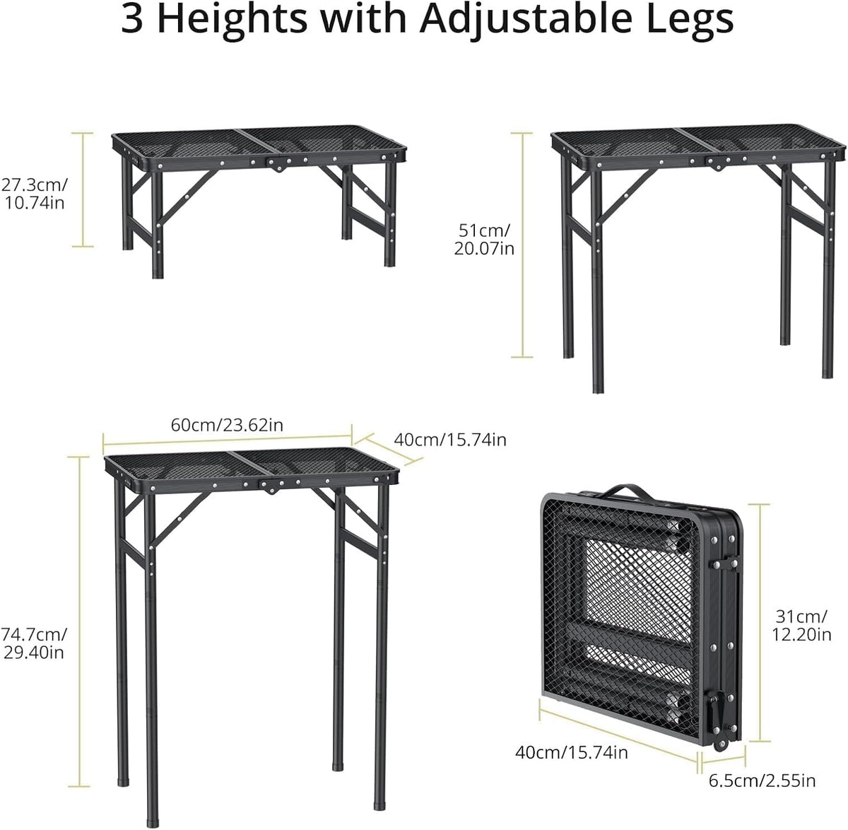 Anbte 2ft Folding Camping Grill Table Max 29.5", 3 Adjustable Height, Black