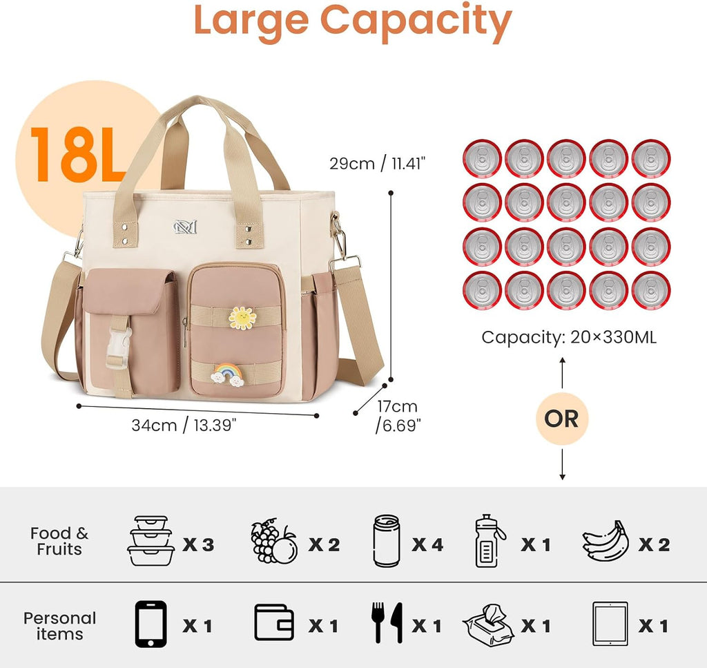 Large Insulated Lunch Bag for Women, Leakproof Lunch Box for Adults, Wide Opening Lunch Tote Bag with Shoulder Strap, Reusable Lunch Cooler Bag for Work, Picnic,Beach,School,Khaki Beige