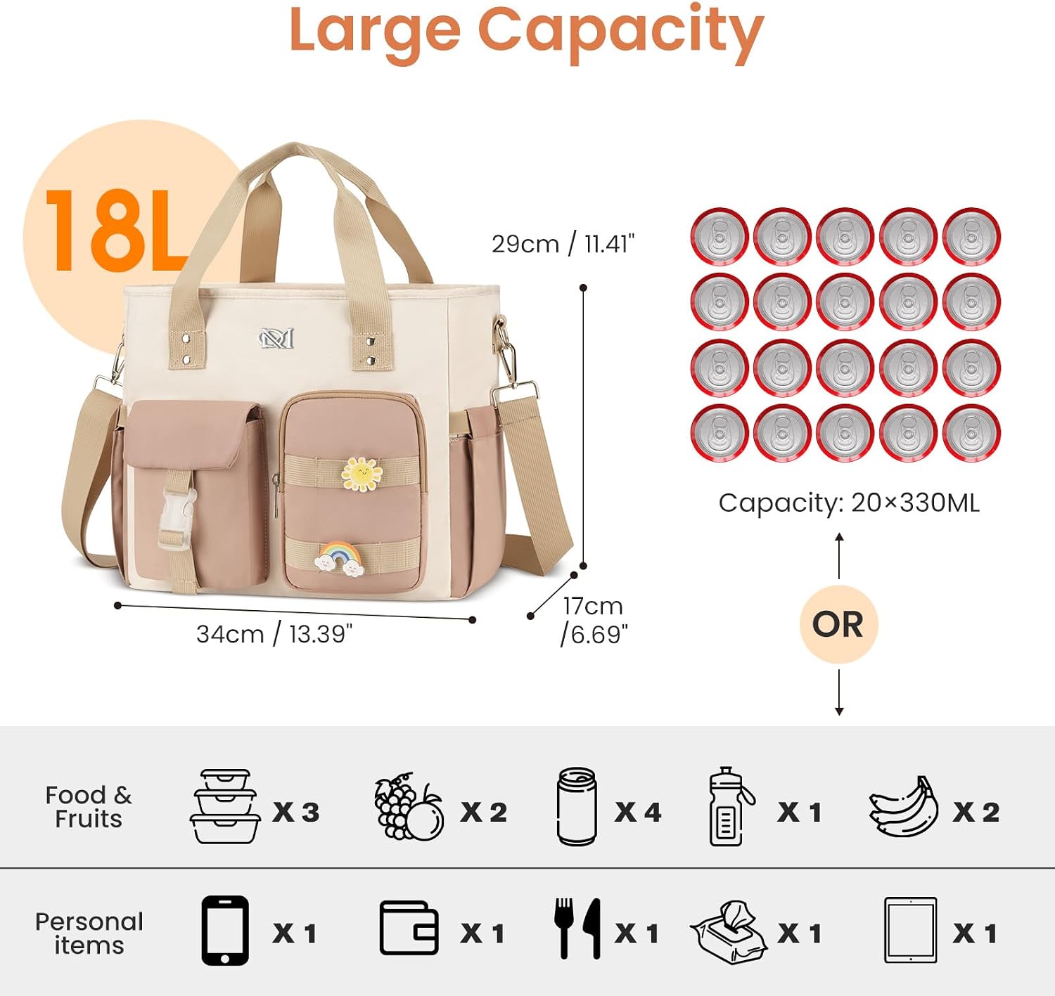 Large Insulated Lunch Bag for Women, Leakproof Lunch Box for Adults, Wide Opening Lunch Tote Bag with Shoulder Strap, Reusable Lunch Cooler Bag for Work, Picnic,Beach,School,Khaki Beige