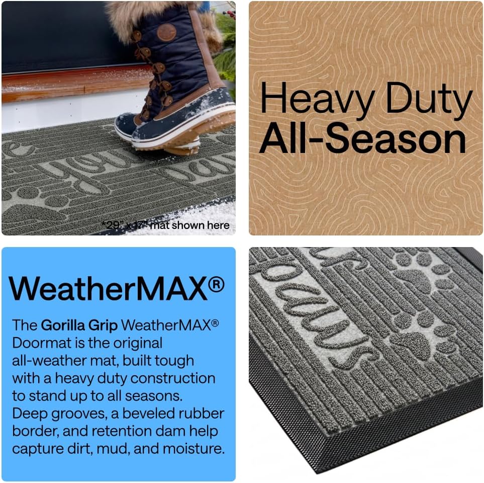 GORILLA GRIP WeatherMAX Door Mat, Indoor Outdoor Use, 29x17, Gray Paw