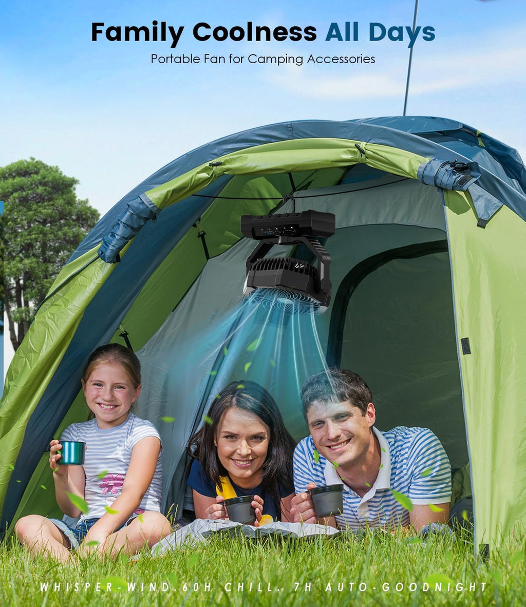 Camping Fan Rechargeable, 24000mAh Battery Powered Fan with LED Light, Hook