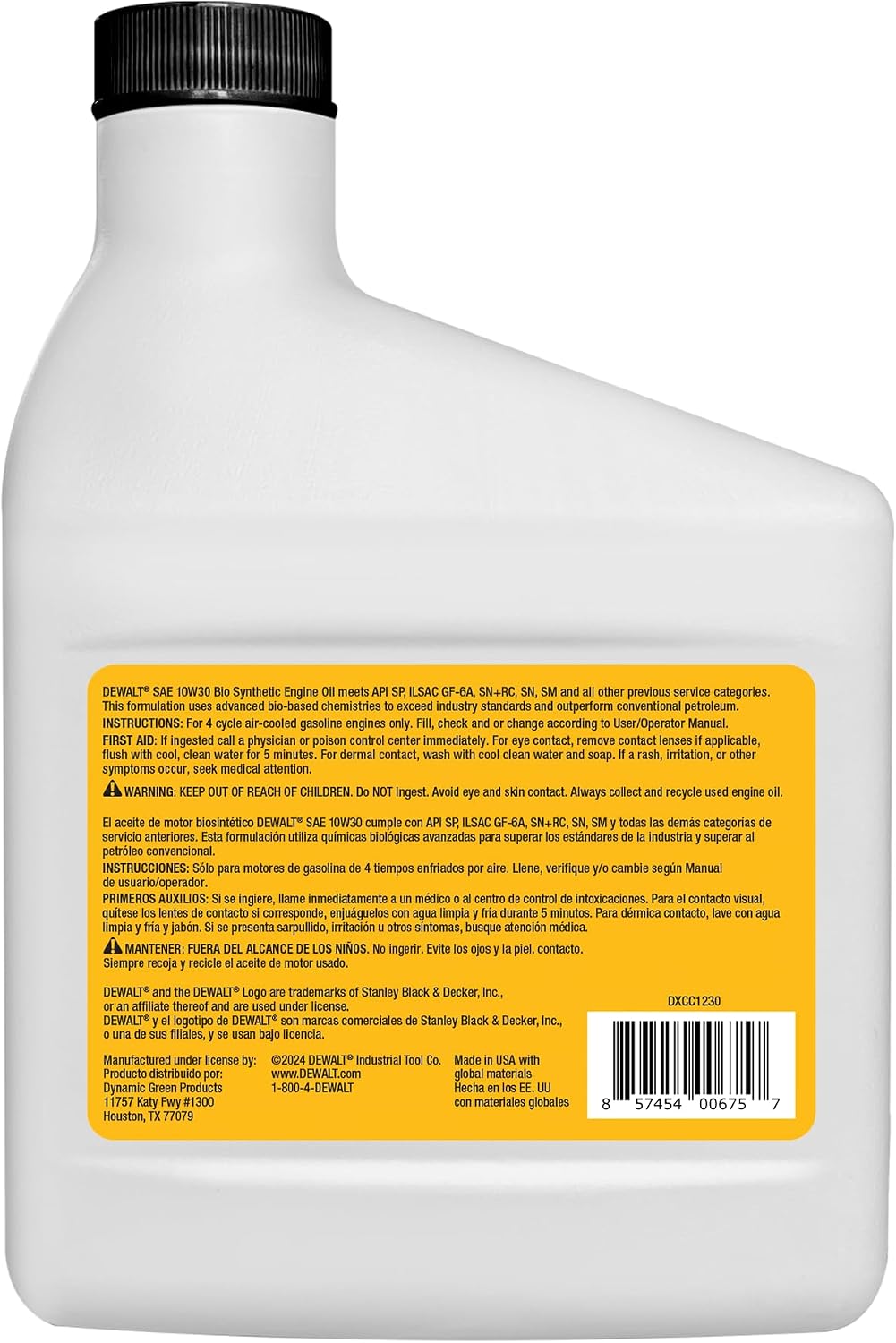 DEWALT Biosynthetic SAE 10W-30 Oil – 4-Cycle Engine Oil for Small Engines, Generators & Outdoor Power Equipment – Meets and Exceeds API SP – Extended Interval, Cold Start Protection – 18 oz