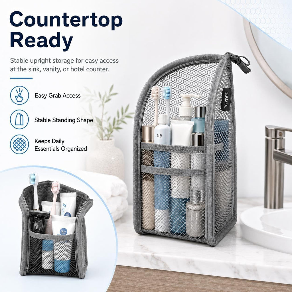 Mesh Zipper Toiletry Bag for Travel Storage Pouch Multi-pocket Travel Cosmetic Bathroom Count Hanging Organizer Portable Standing Makeup Foldable Clear Waterproof EVA Large Capacity(4pc)