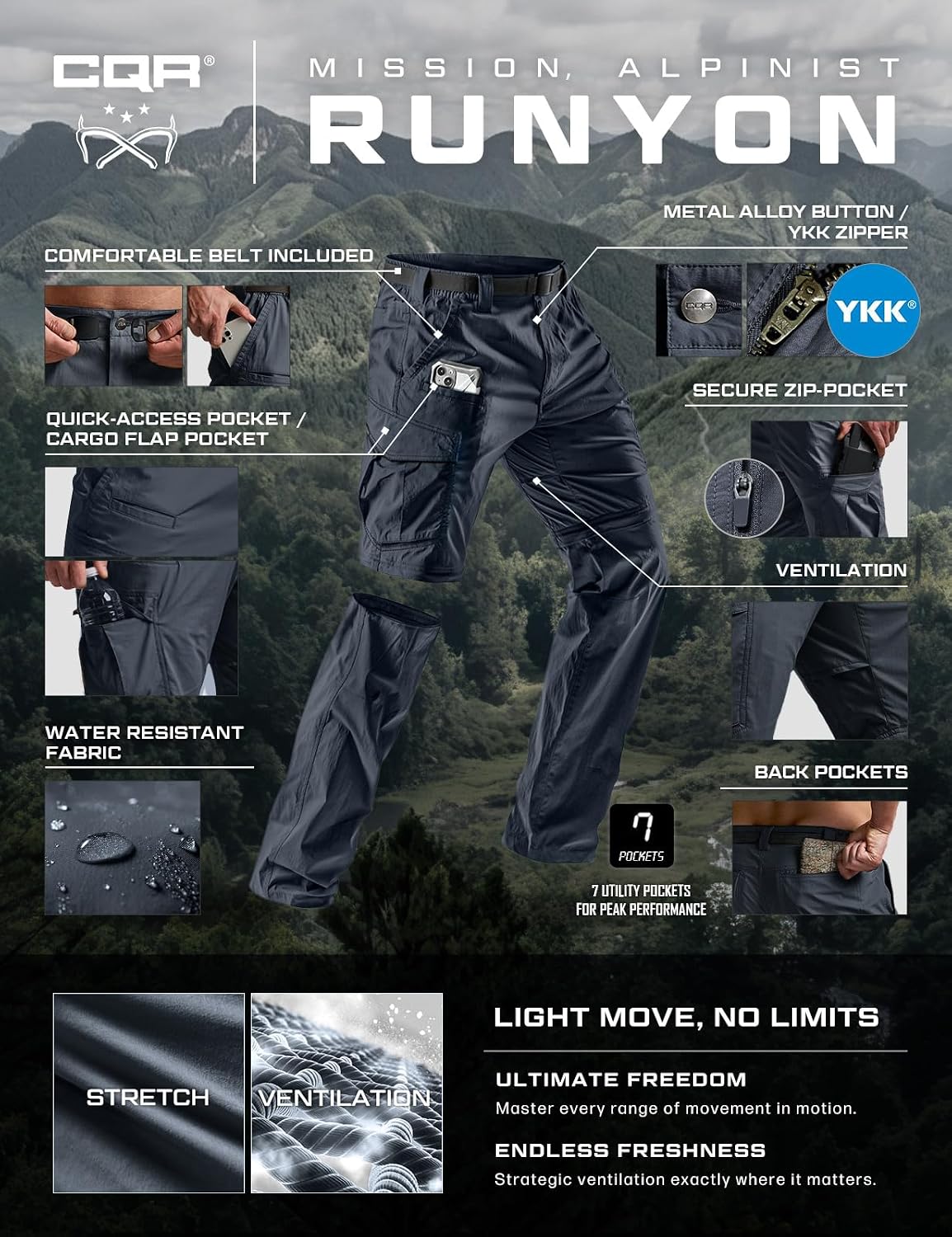 CQR Men's Convertible Cargo Tactical Pants, Water Resistant Outdoor Hiking Pants, Zip Off Lightweight Stretch Work Pants