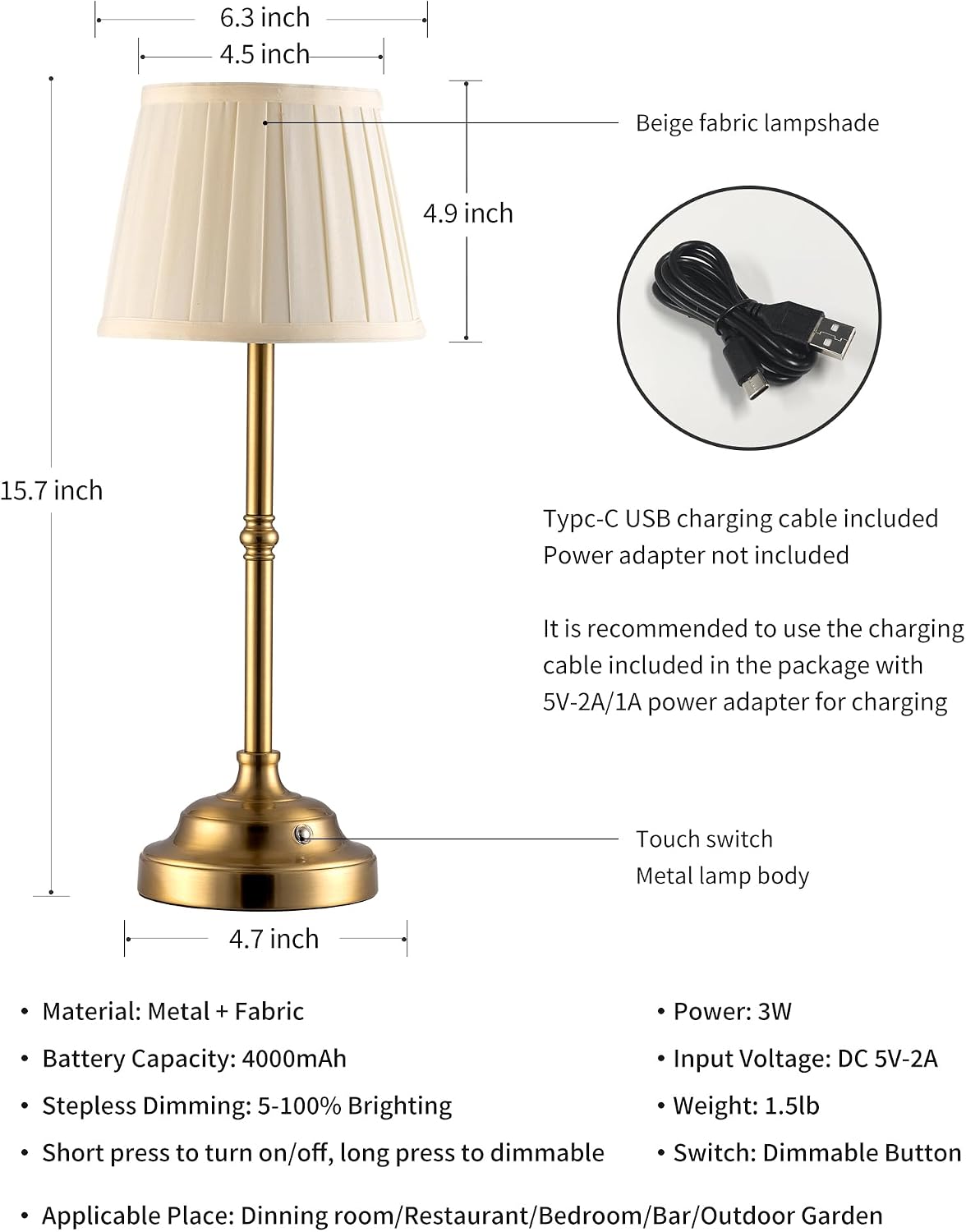 KDG Gold Cordless LED Table Lamps Set of 2, Beige Fabric Shade Desk Lamps