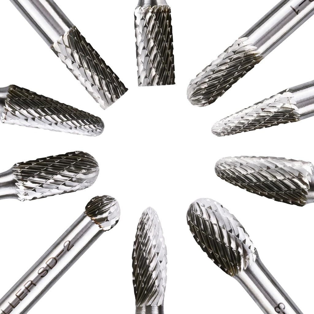 CaRoller Carbide Burr Set,1/4" Shank,10PC Double Cut Die Grinder RotaryTool