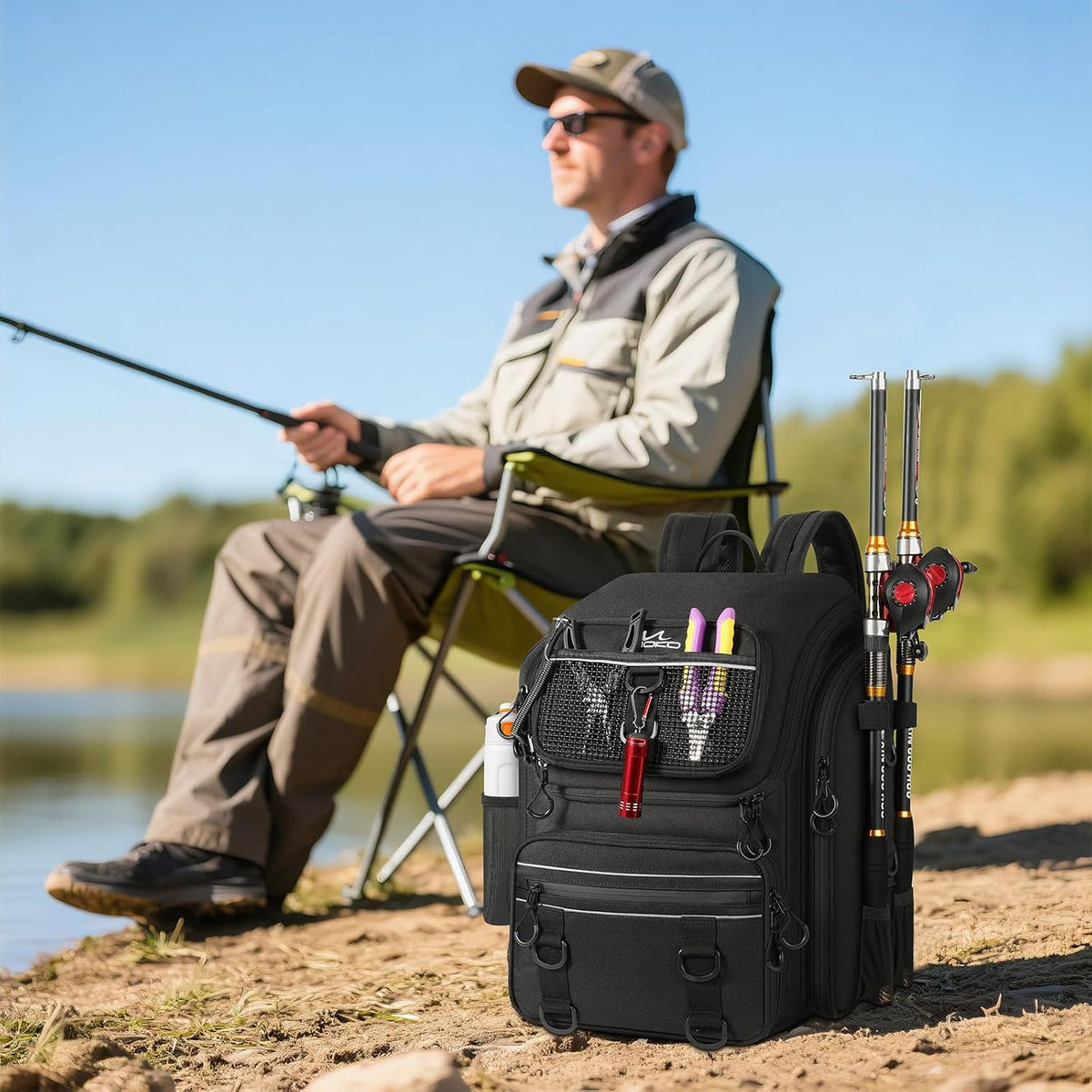 MoKo Large 40L Fishing Tackle Backpack with Rod Holders & Bait Binder