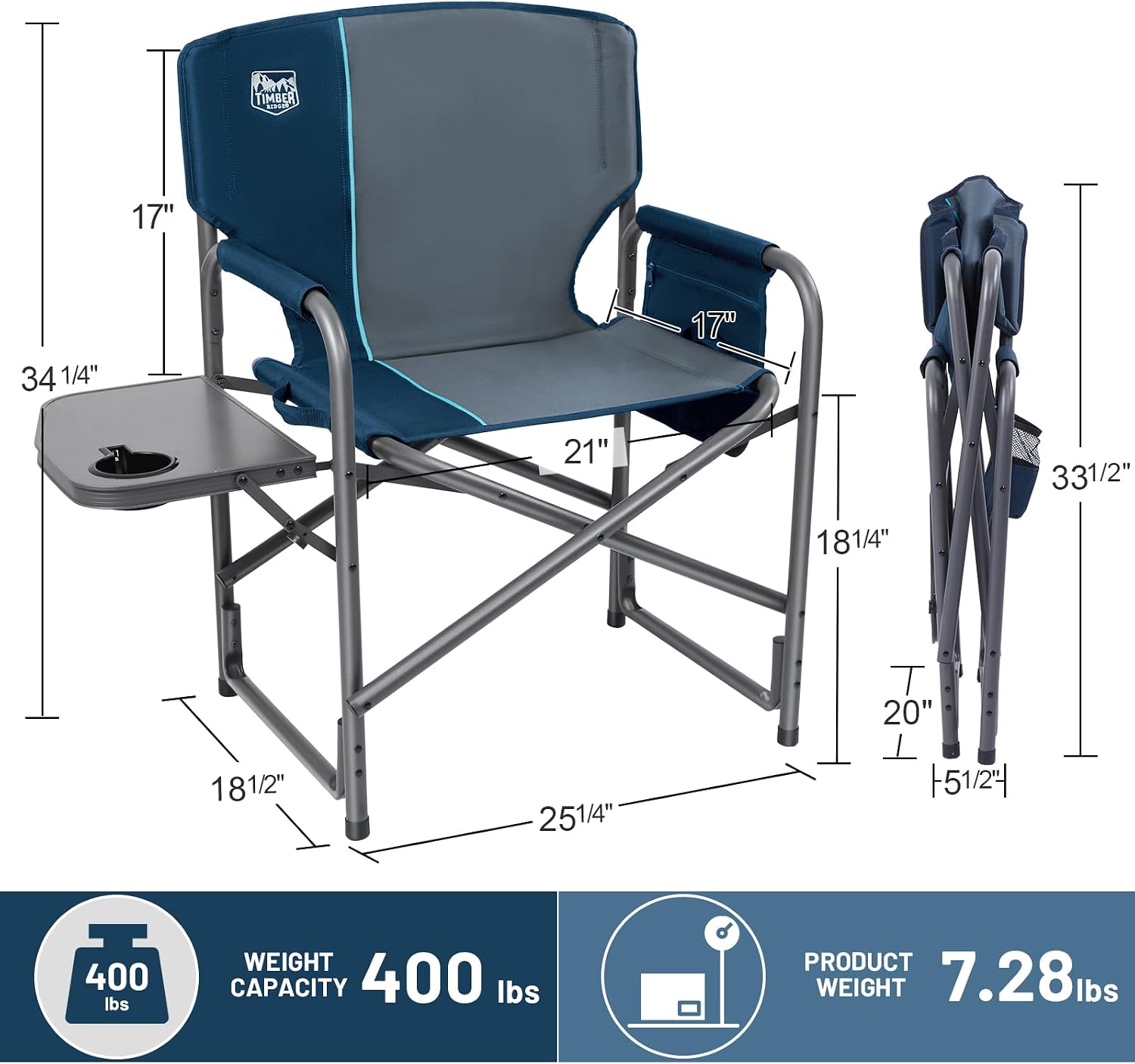 Timber Ridge Aluminum Oversized Camping Chair, Lightweight Portable Directors Chair with Side Table Detachable Side Pocket for Outdoor Camping, Lawn, Picnic, Support 400lbs Blue