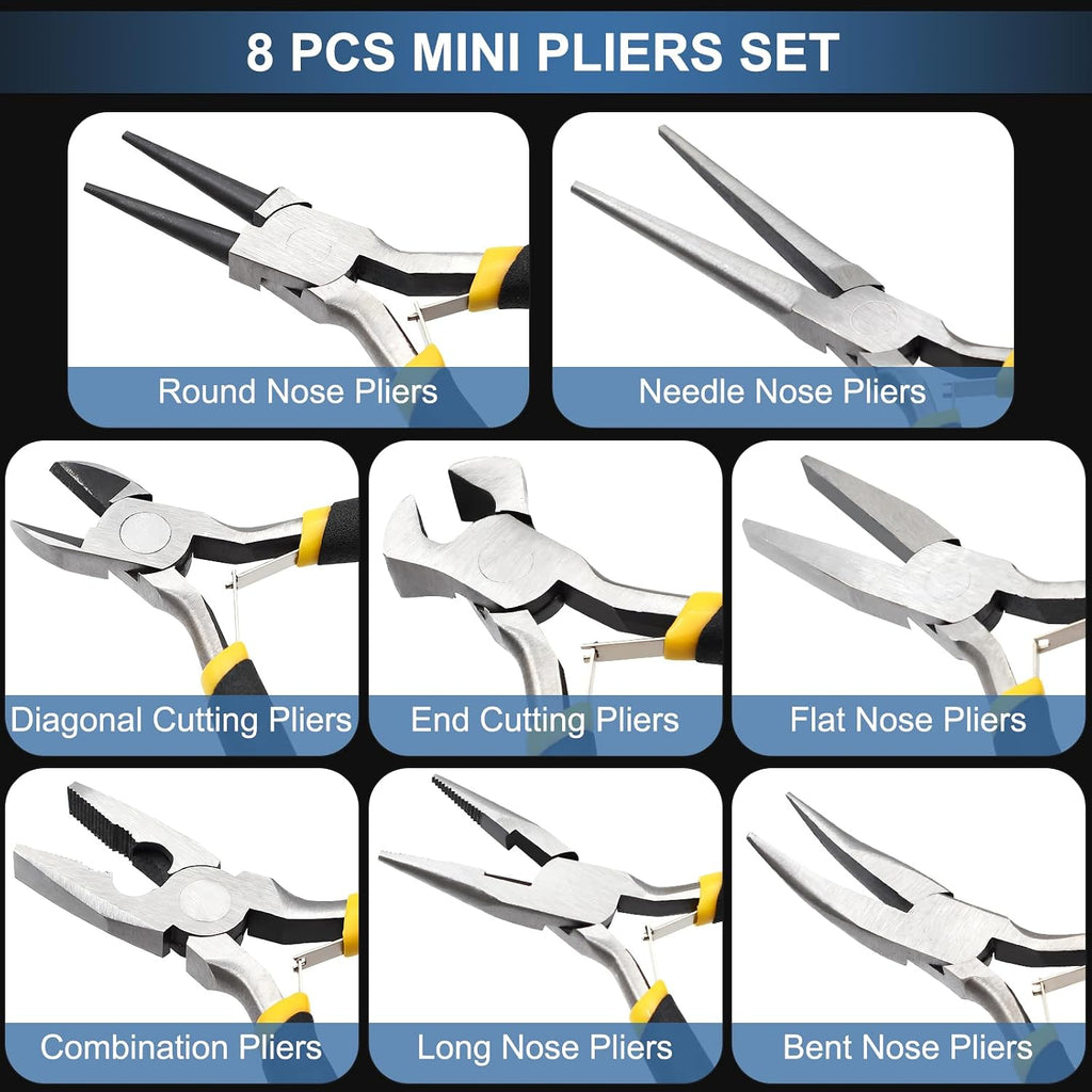 8-Piece 4.5-Inch Mini Pliers Kit - Long Nose, Diagonal, End Cutting, Bent Nose, Combination, Flat Nose, Needle Nose & Round Nose Tools for Jewelry Making