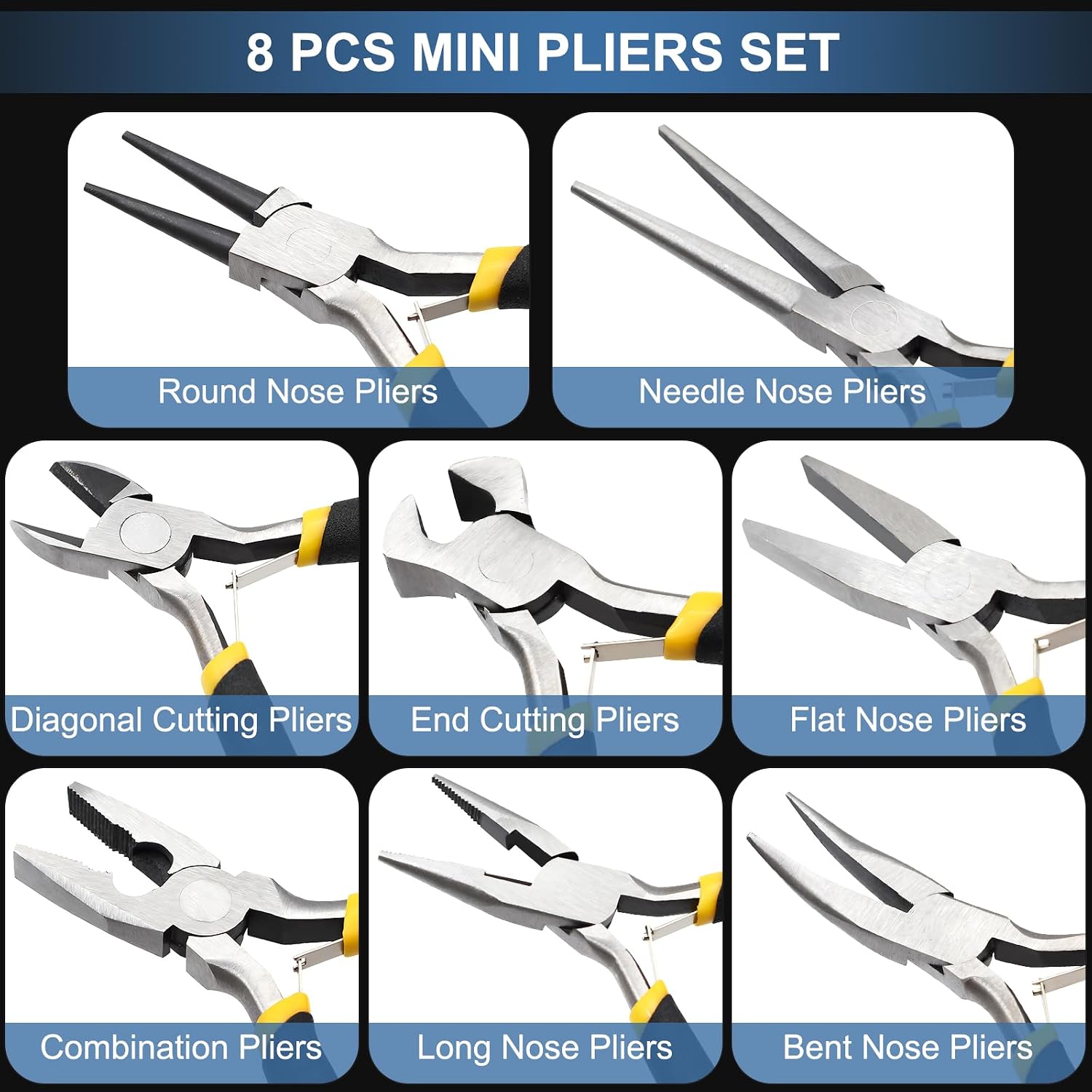 8-Piece 4.5-Inch Mini Pliers Kit - Long Nose, Diagonal, End Cutting, Bent Nose, Combination, Flat Nose, Needle Nose & Round Nose Tools for Jewelry Making