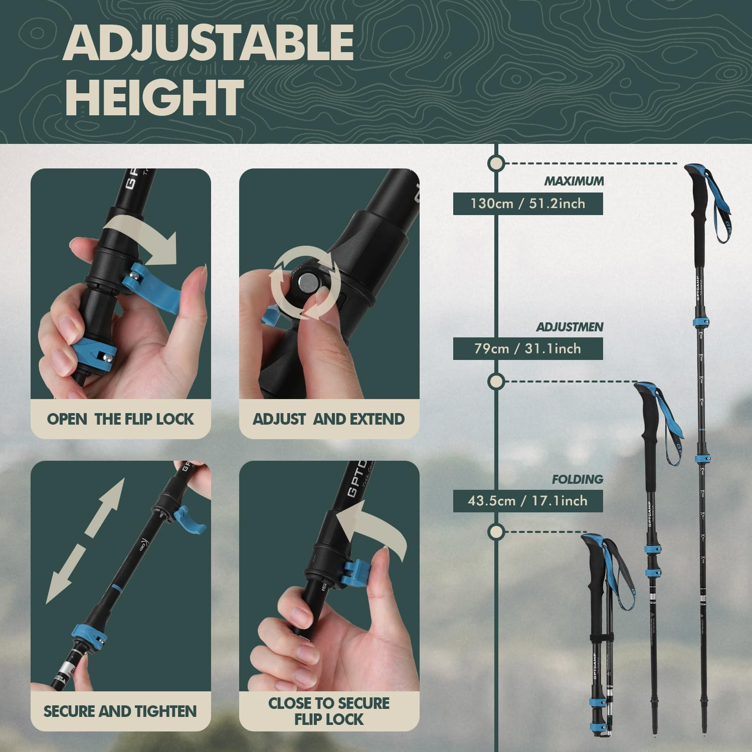 GPTCAMP Aluminum Collapsible Trekking Poles with EVA Grips