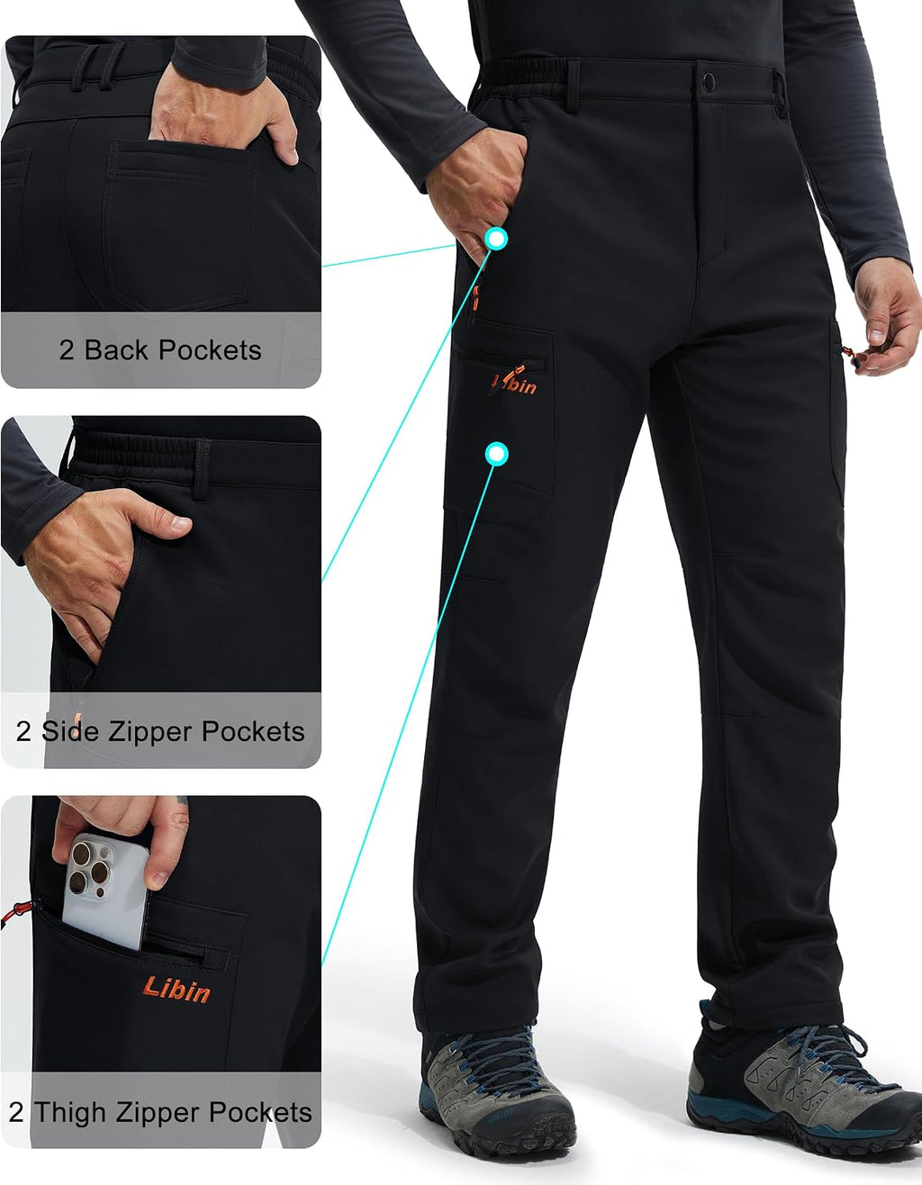 Libin Men's Fleece Lined Hiking Pants Snow Ski Water Resistant