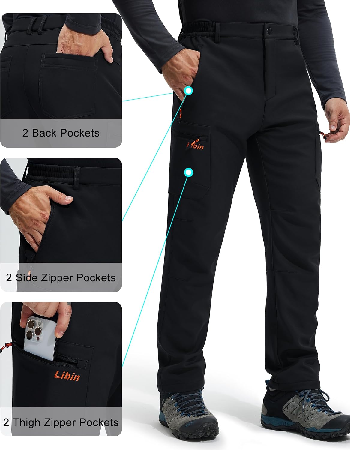 Libin Men's Fleece Lined Hiking Pants Snow Ski Water Resistant