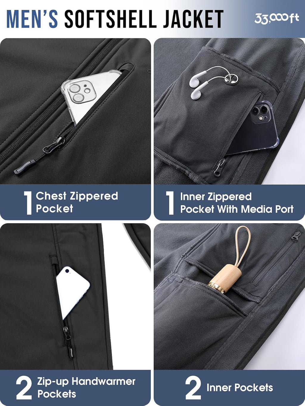 33,000ft Men's Hooded Softshell Jacket Waterproof Fleece Windbreaker Jacket