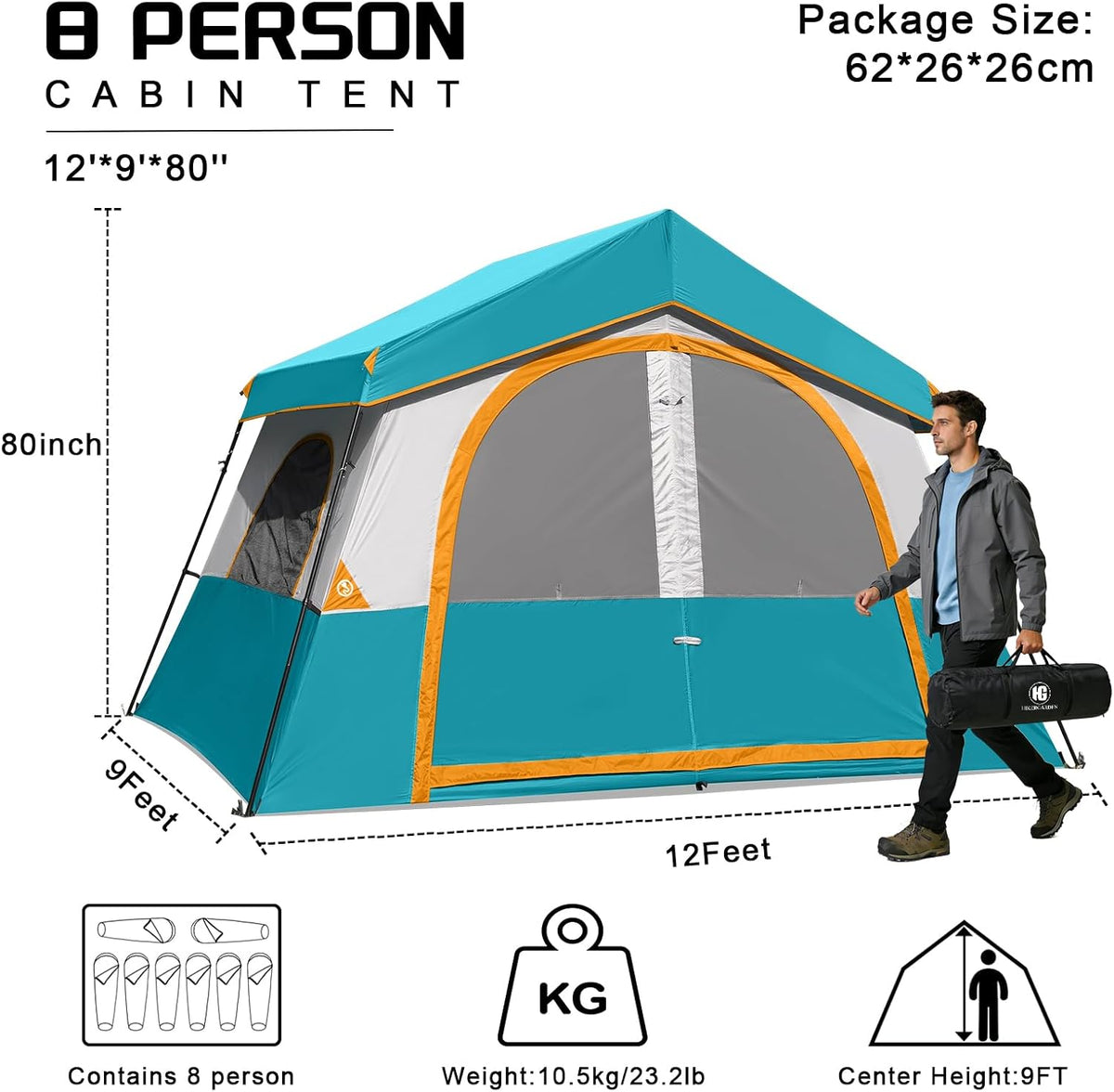 HG 6-8 Person Camping Tent Waterproof Family Cabin Tent for Camping