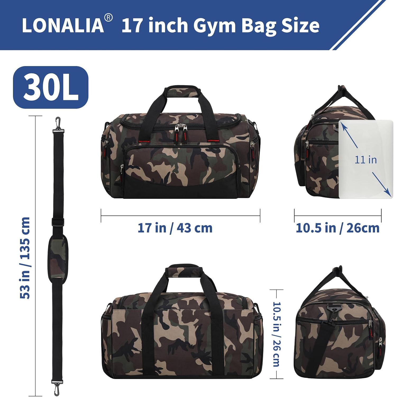 30L Gym Sport Duffle Bag, 17 inch, Camo