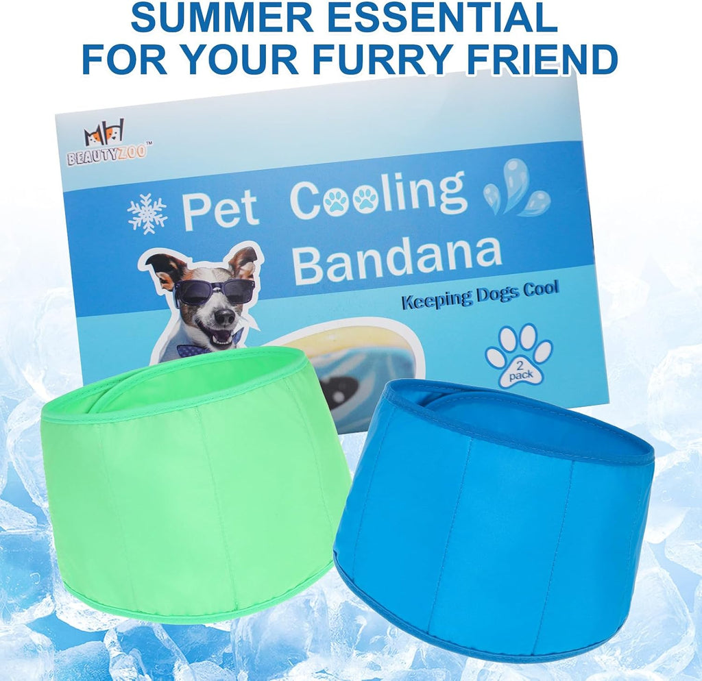 BEAUTYZOO Dog Cooling Bandana for Small Dogs, Instant Chill Out Ice Scarf Pet Bandanas, 2 Pack Adjustable Neck Wrap Cooler,Heat Relief Prevent Sunstroke for Summer Outdoor Camping Training,Blue Green