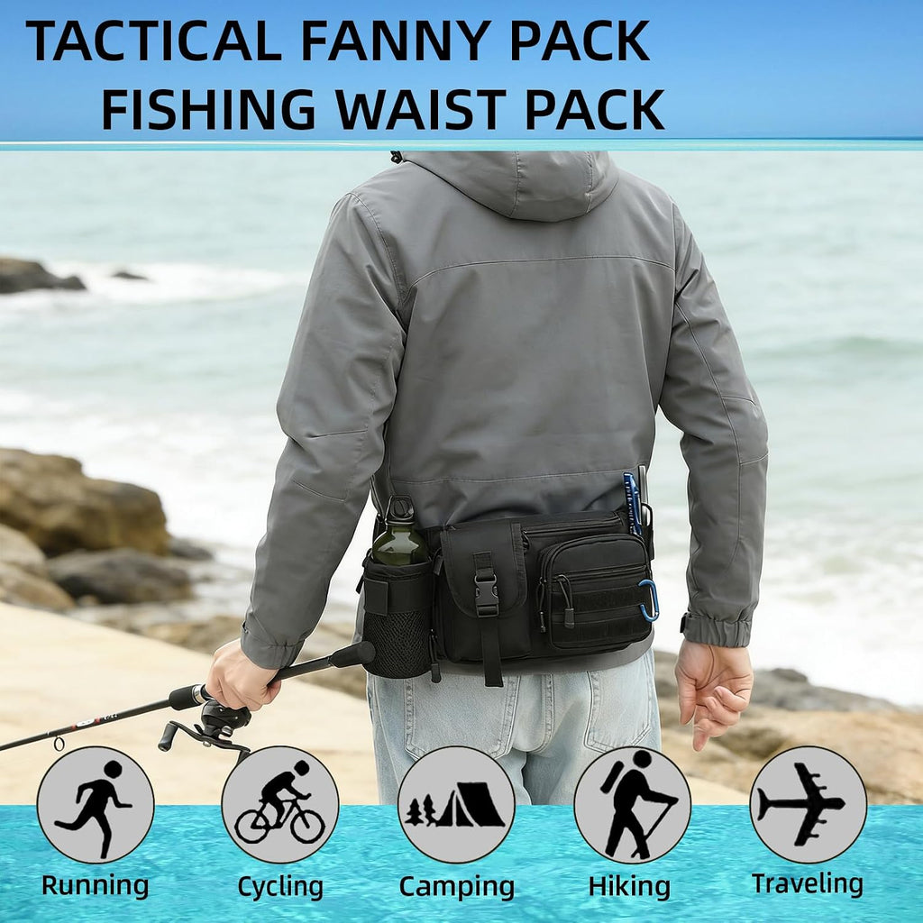 Tactical Fanny Pack For Men, Military Waist Bag Adjustable Hip Belt BumBag EDC Bags for Outdoor Fishing Hiking Hunting with Bottle Holder Pouch and US Flag Patch (Black)