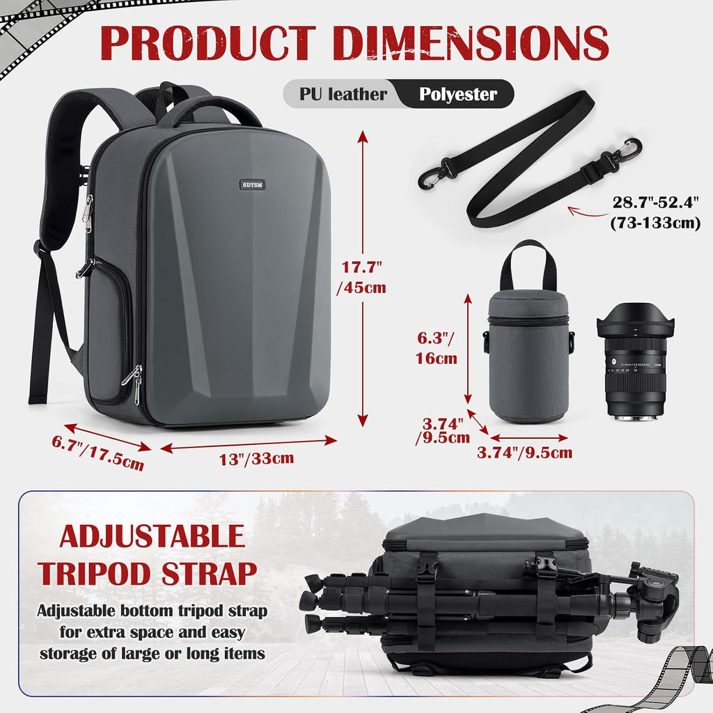 SDYSM Camera Backpack, Hardshell DSLR/SLR Camera Bag with Lens Pouch & 15.6" Laptop Compartment Waterproof Camera Case with Rain Cover Photography Backpack Compatible for Canon/Nikon/Sony/Drone,Gray