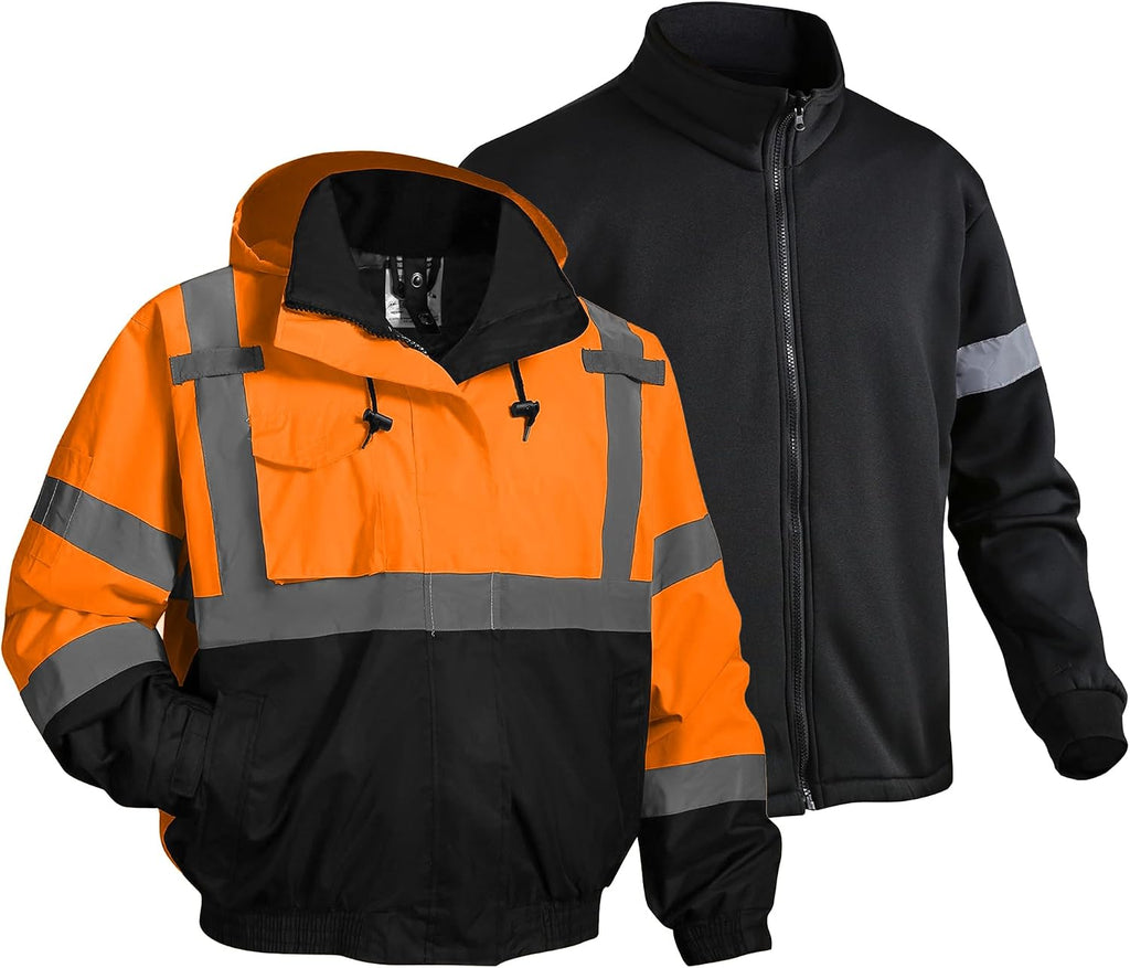 3 in 1 Safety jacket,Reflective high Visibility Hooded jacket,Hi Vis Bomber Jacket shell and fleece lining,Waterproof,ANSI Class 3 Black Bottom Lime,2XL