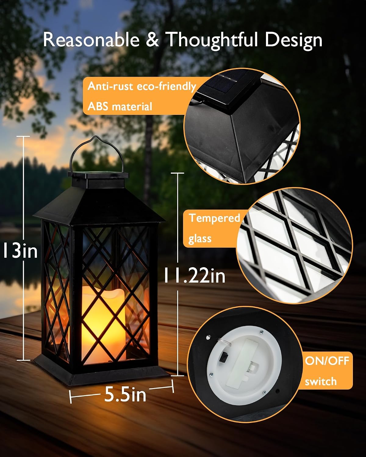 Homemory 2 Pack 13'' Black Solar Lanterns, Flickering Flame Hanging Lights