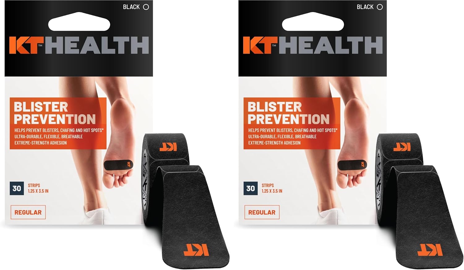 KT Health Blister Prevention Tape – 30 Precut Strips for Blister Protection, Strong Adhesive, Dermatologist Tested, Ideal for Athletes and Active Lifestyles – Black (Pack of 2)