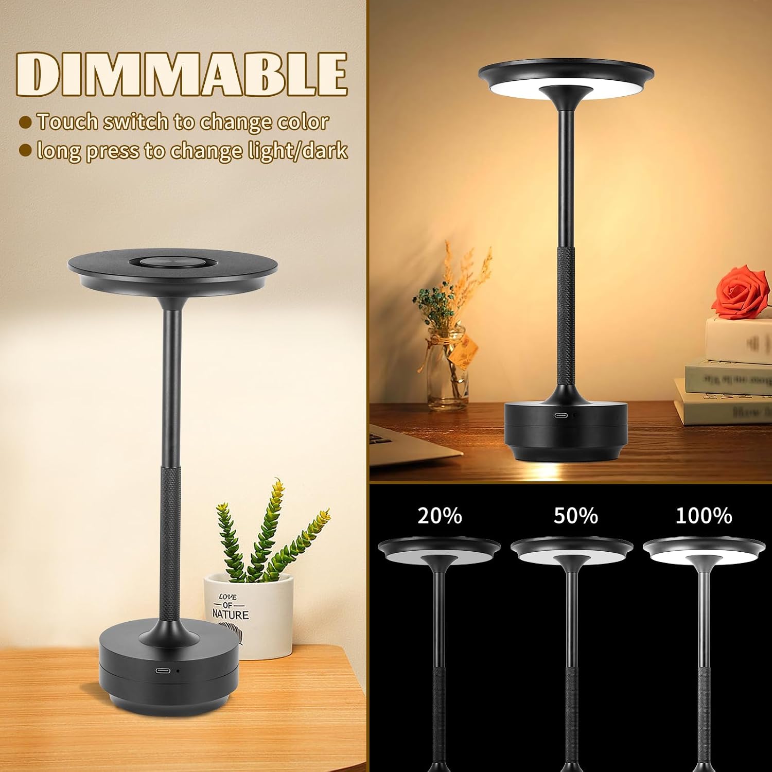 Rechargeable Cordless LED Table Lamps Touch Sensor Light, 3-Levels Portable Dimming Wireless Battery Operated Lamp，Nightstand Lamp/Night Light/Restaurant Table/Outdoor/Coffee/Bar (Black)