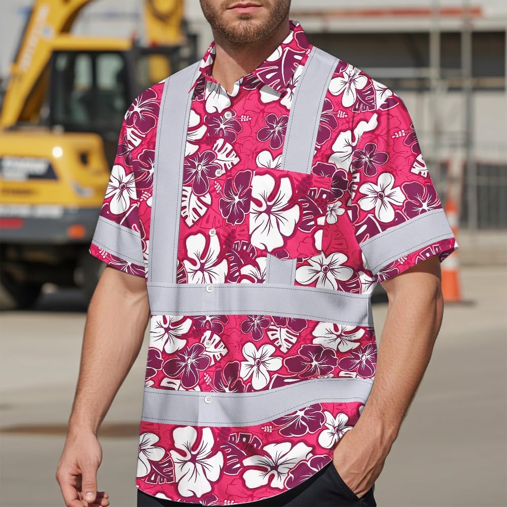 High Visibility Hawaiian Shirt for Men Tropical Shirts Custom Name Floral Outfit Reflective Safety Workwear