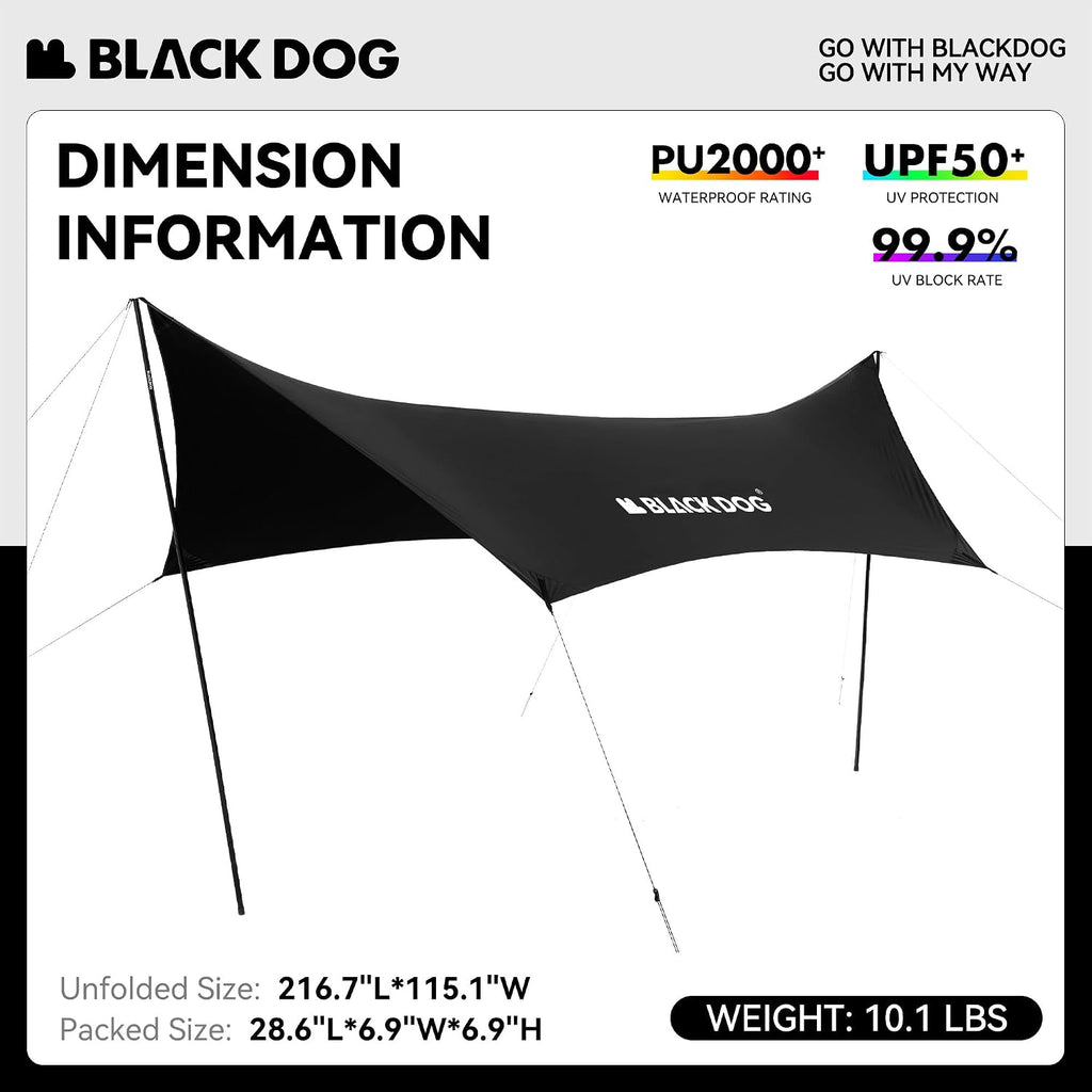 BLACKDOG Large Black Coating Camping Tarp with Poles, 216" L x 115" W