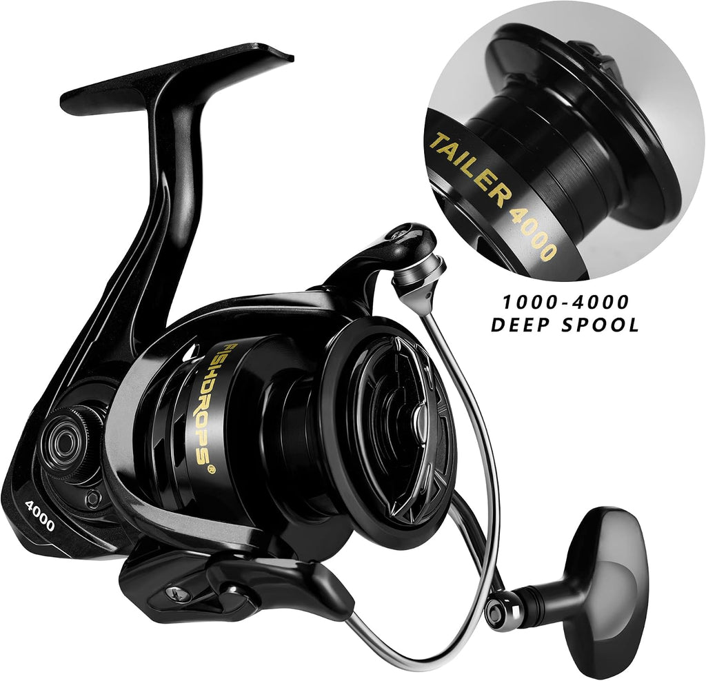 Fishdrops Fishing Reels Spinning Reel Left/Right Interchangeable Aluminium Handle, 7.5 oz Ultralight Spinning Reels, 5.5:1 Gear Ratio Deep/Shallow Aluminum Spool for Freshwater and Saltwater