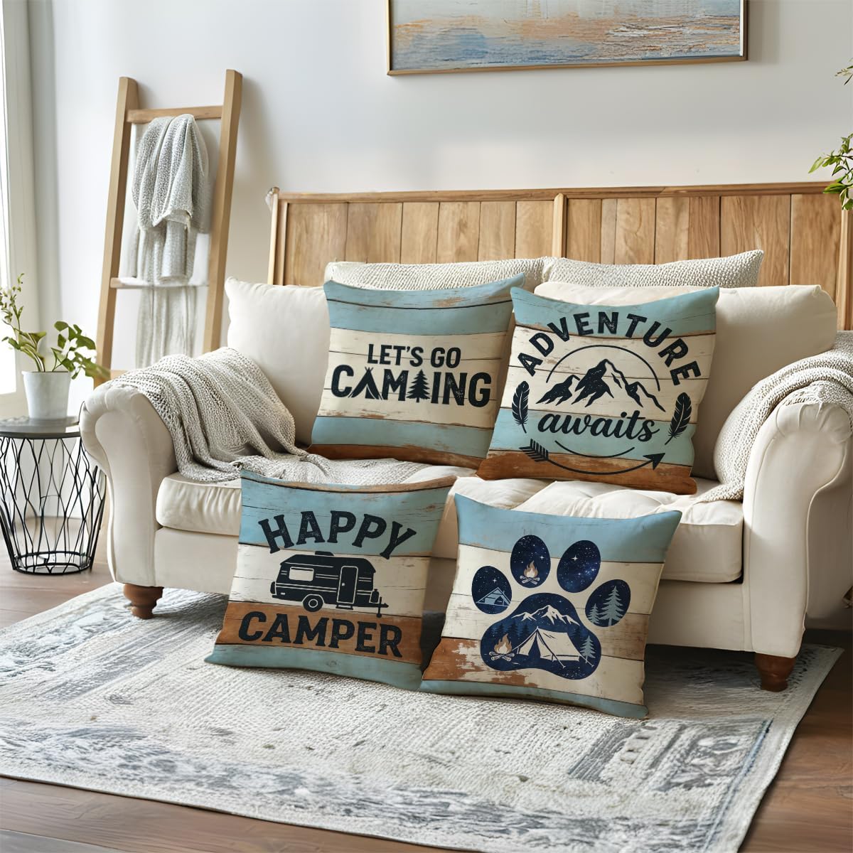 ULOVE LOVE YOURSELF Camping Throw Pillow Covers 4Pack Adventure Awaits Decorative Pillowcases Happy Campers Cushion Covers 18 X 18 Inch for Camper, Cabin Home Decor(Blue/Brown)