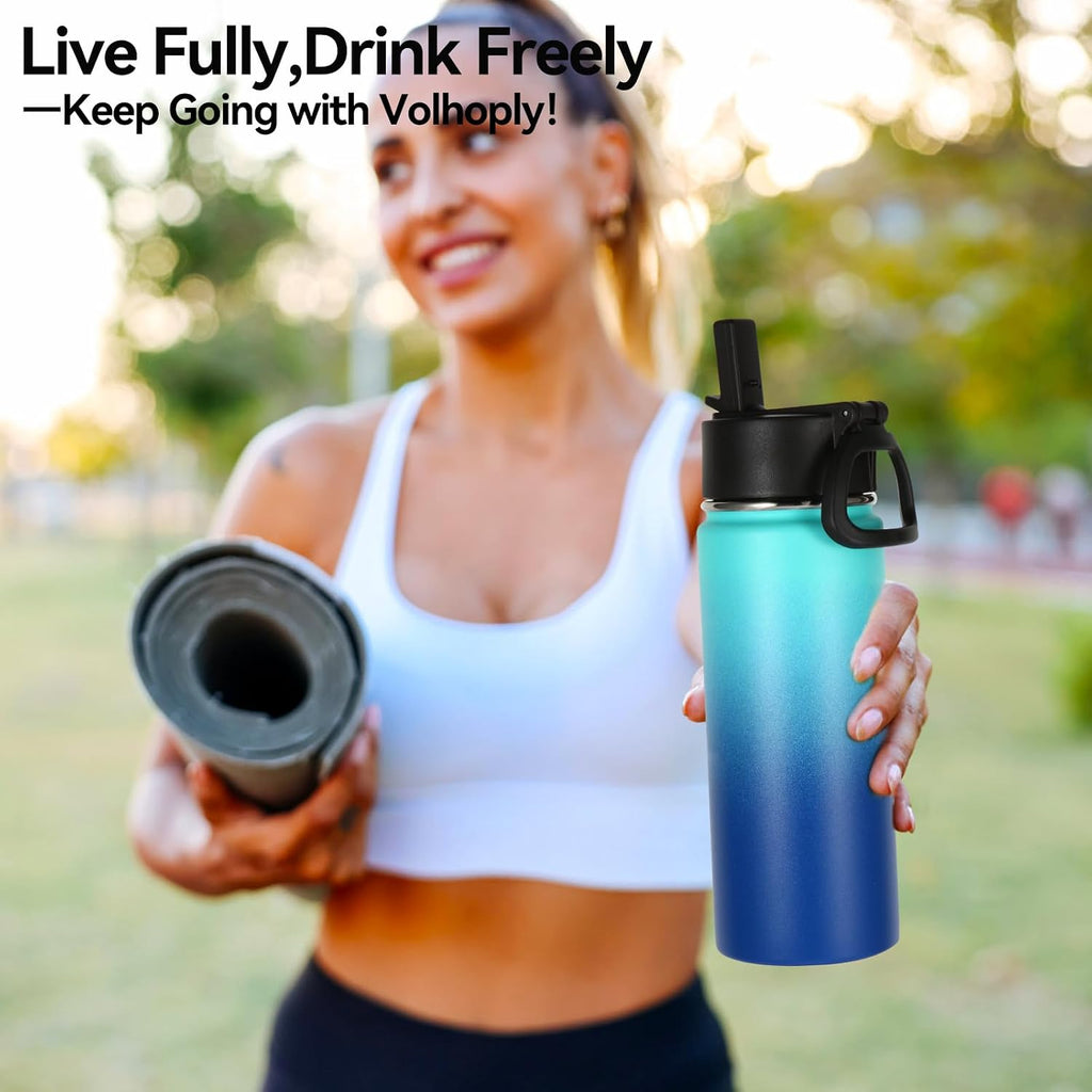 Volhoply 16 OZ Kids Water Bottle Bulk 2 Pack,Insulated Sports Bottles with Straw Lid,Stainless Steel Bottle with Handle Keep Cold & Hot,Double Wall Vacuum Tumbler Cups for School(Green Blue, 2)
