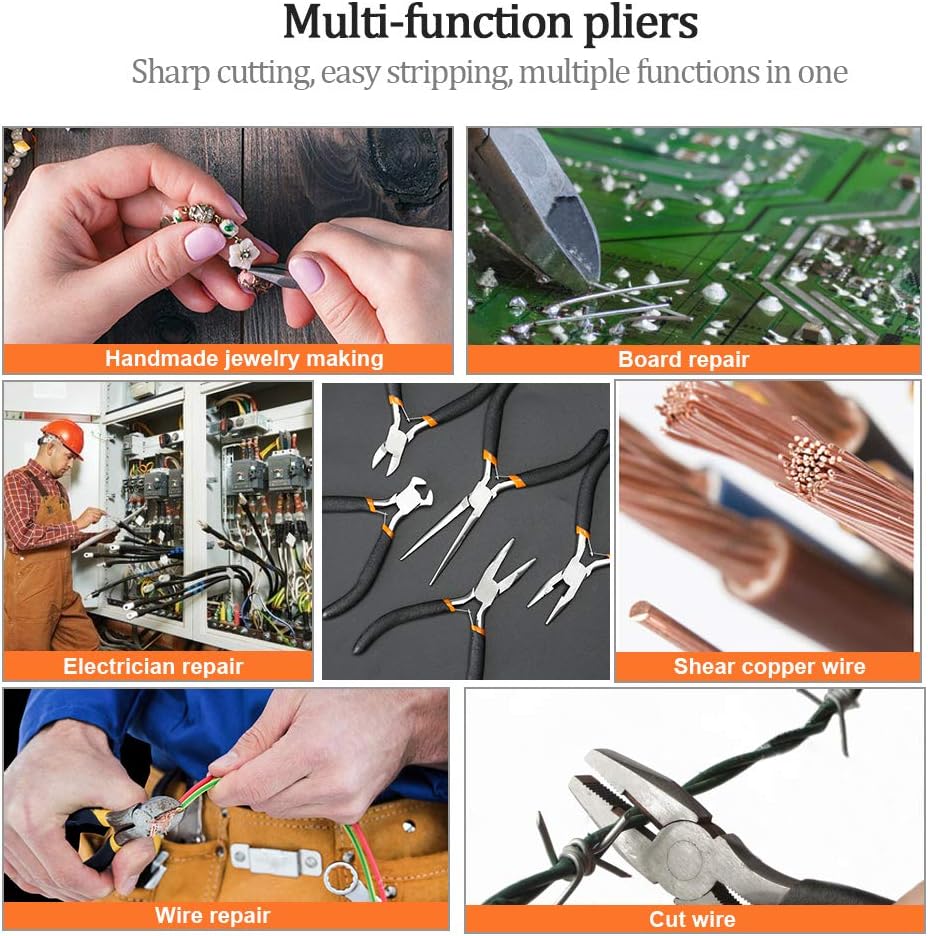 SOONAN 5 Pieces Mini Pliers, Long Lasting Tool Set Cable Cutters – Long Needle Nose, Long Nose, Nipper Bent Nose, End Cutting, Diagonal Cutting, Precision Pliers Set