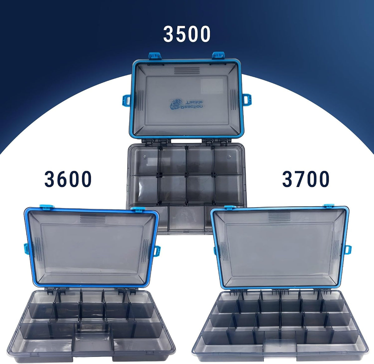 Reaction Tackle Standard Tackle Trays, Plastic Tackle Box Organizers with Four Secure Latches, Removable Dividers and Semi Transparent Lid for Fishing Storage - 3700 (4-Pack)