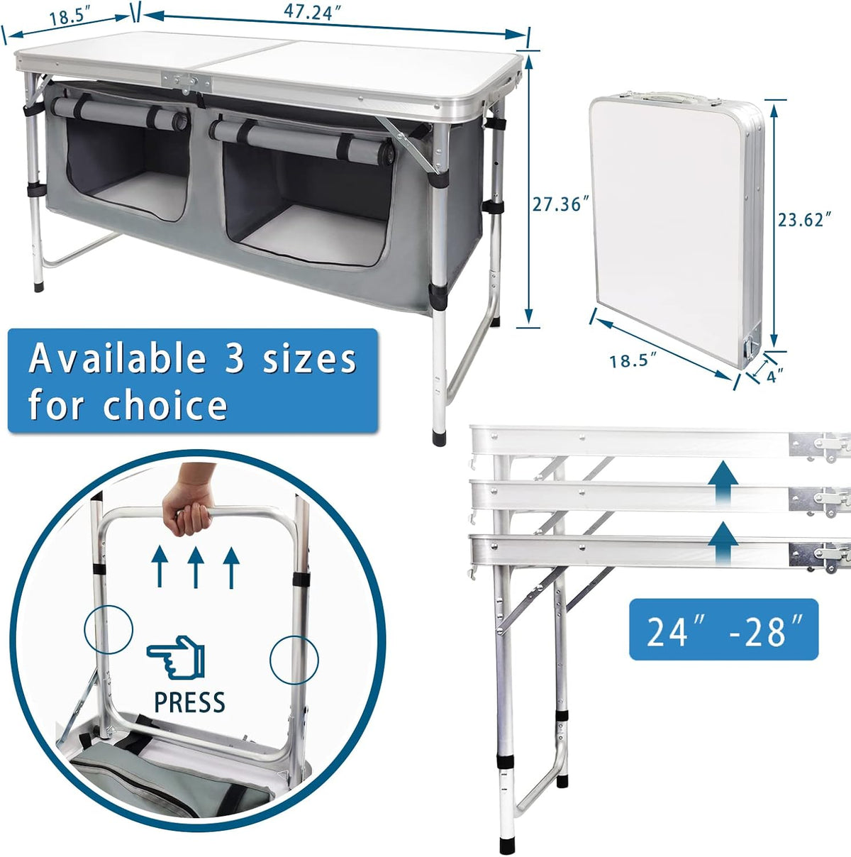 Folding Camping Table with Storage, Adjustable Height