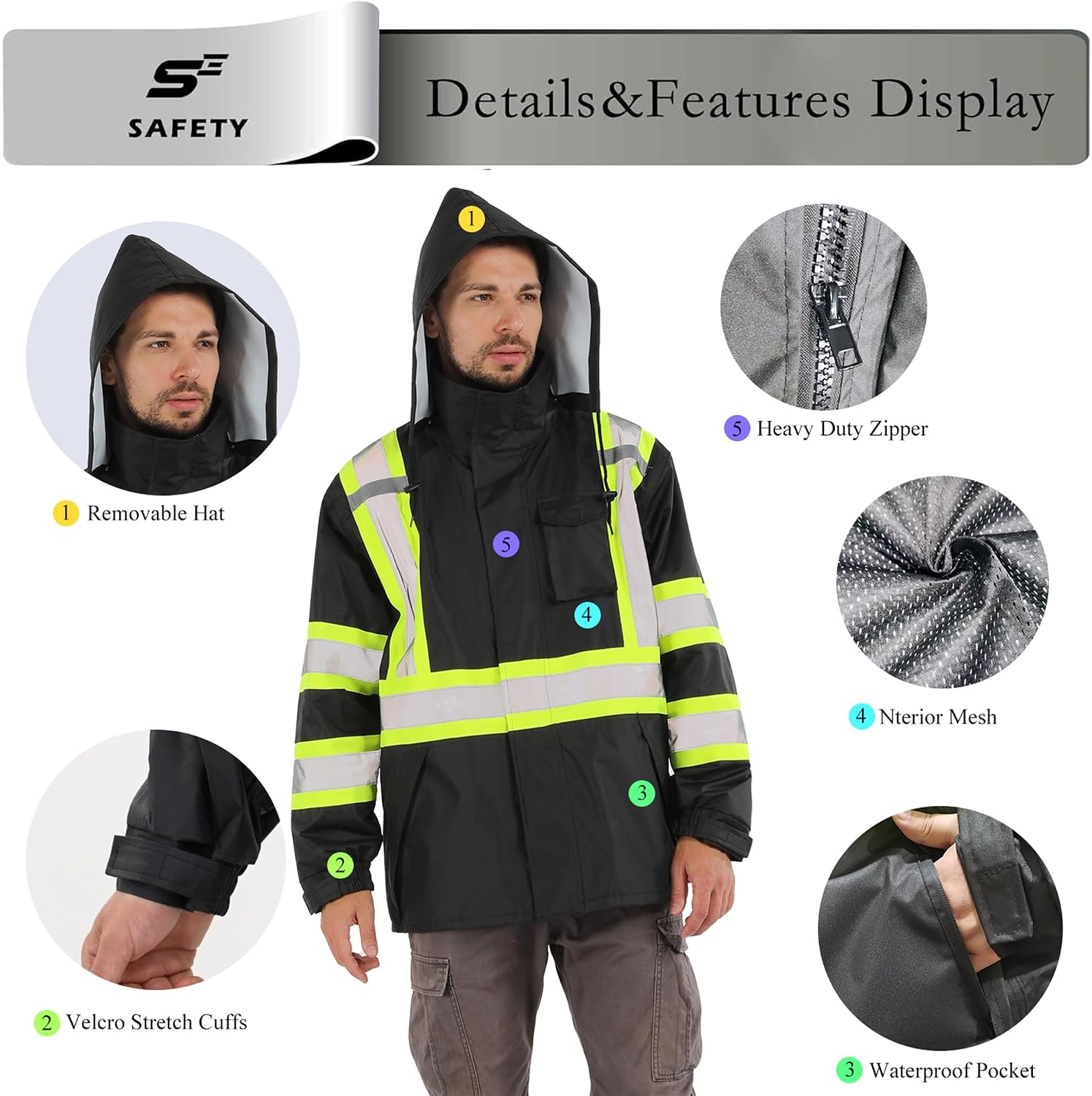 sesafety Hi Vis Rain Jacket, Rain Suits for Men Waterproof withBlack Bottom