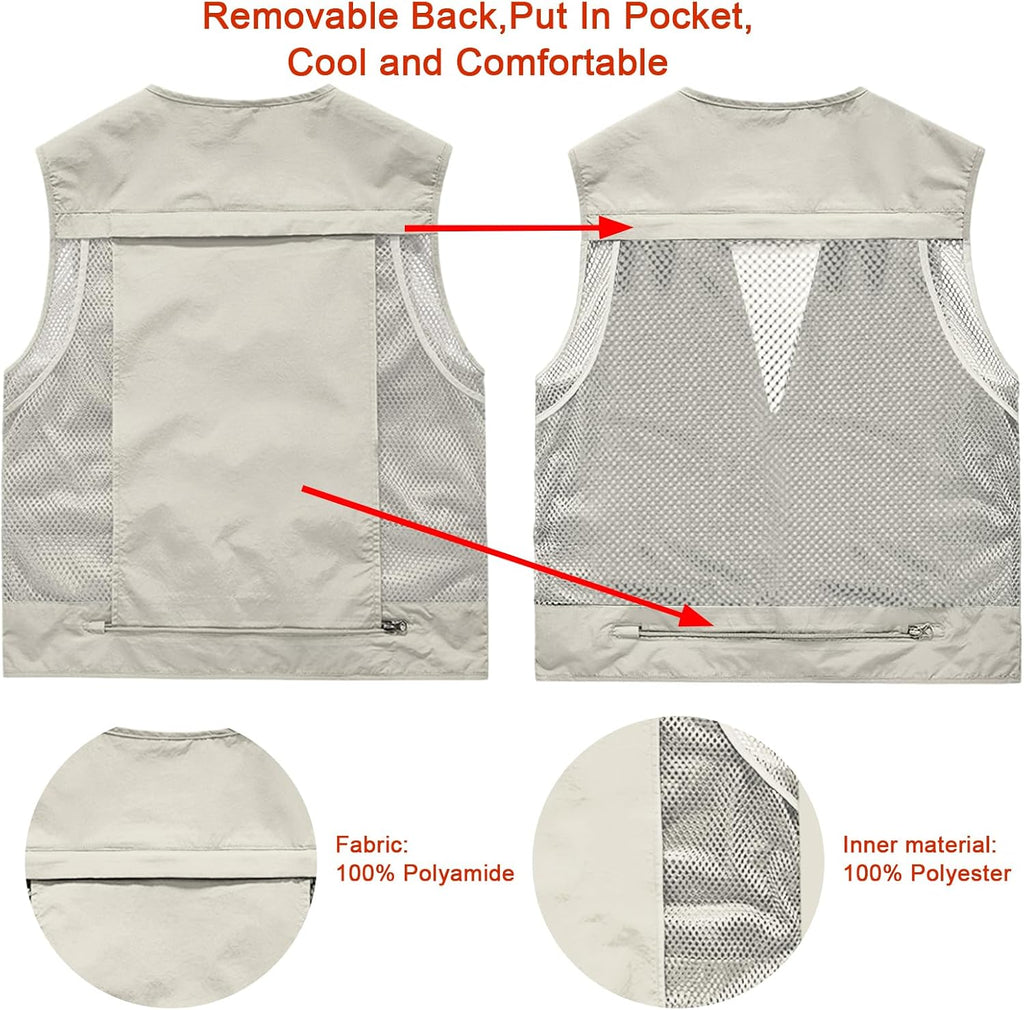 Mens Outdoor Vest Breathable Quick-Dry Fishing Vest Camping Hiking Lightweight Vest with Multi-Pocket