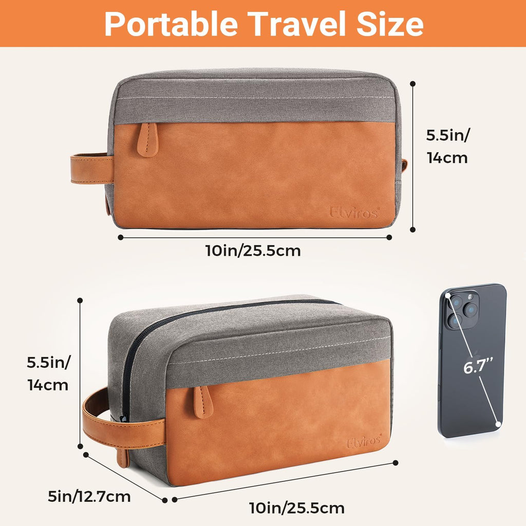 Elviros Men's Hanging Toiletry Bag, Water-Repellent PU Leather, Grey