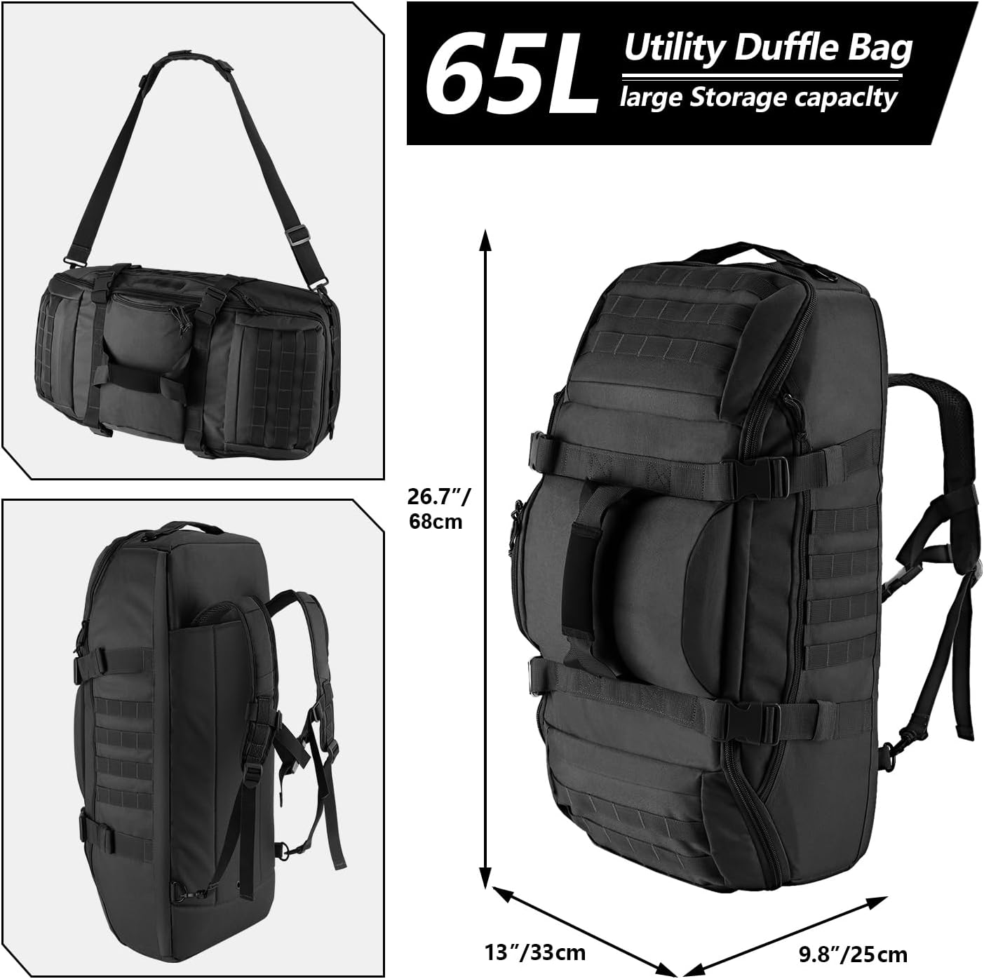 Hannibal Tactical 65L Large Duffle Bag, 3-in-1 Tactical Backpack MOLLE Pack for Sports, Gym, Outdoor, Black