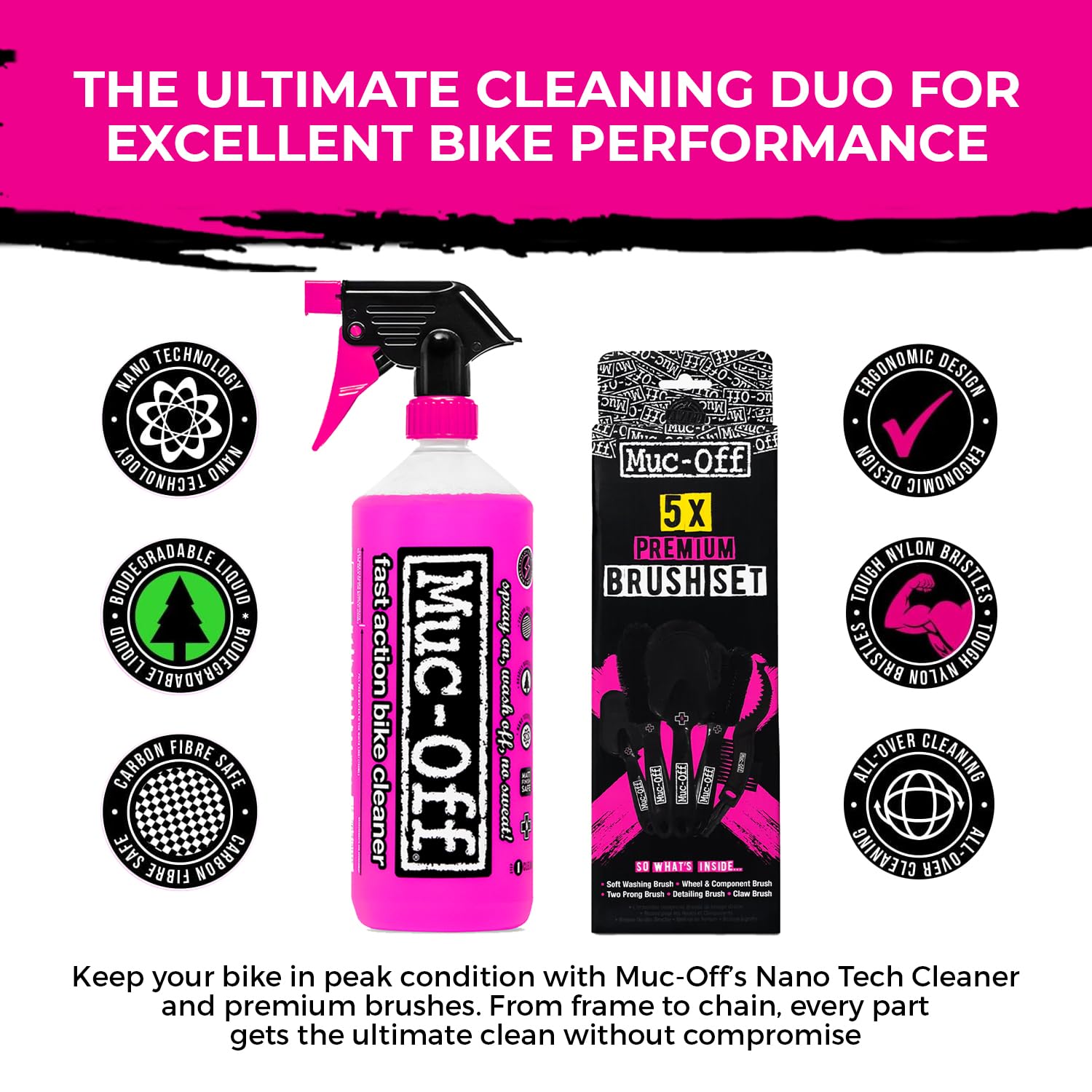 Muc-Off Nano Tech Bike Cleaner Concentrate 1L + 5 Brush Set | Powerful Eco-Friendly Bike and Motorcycle Cleaner | Safe on Carbon Fibre | Biodegradable Formula and Refill-Friendly