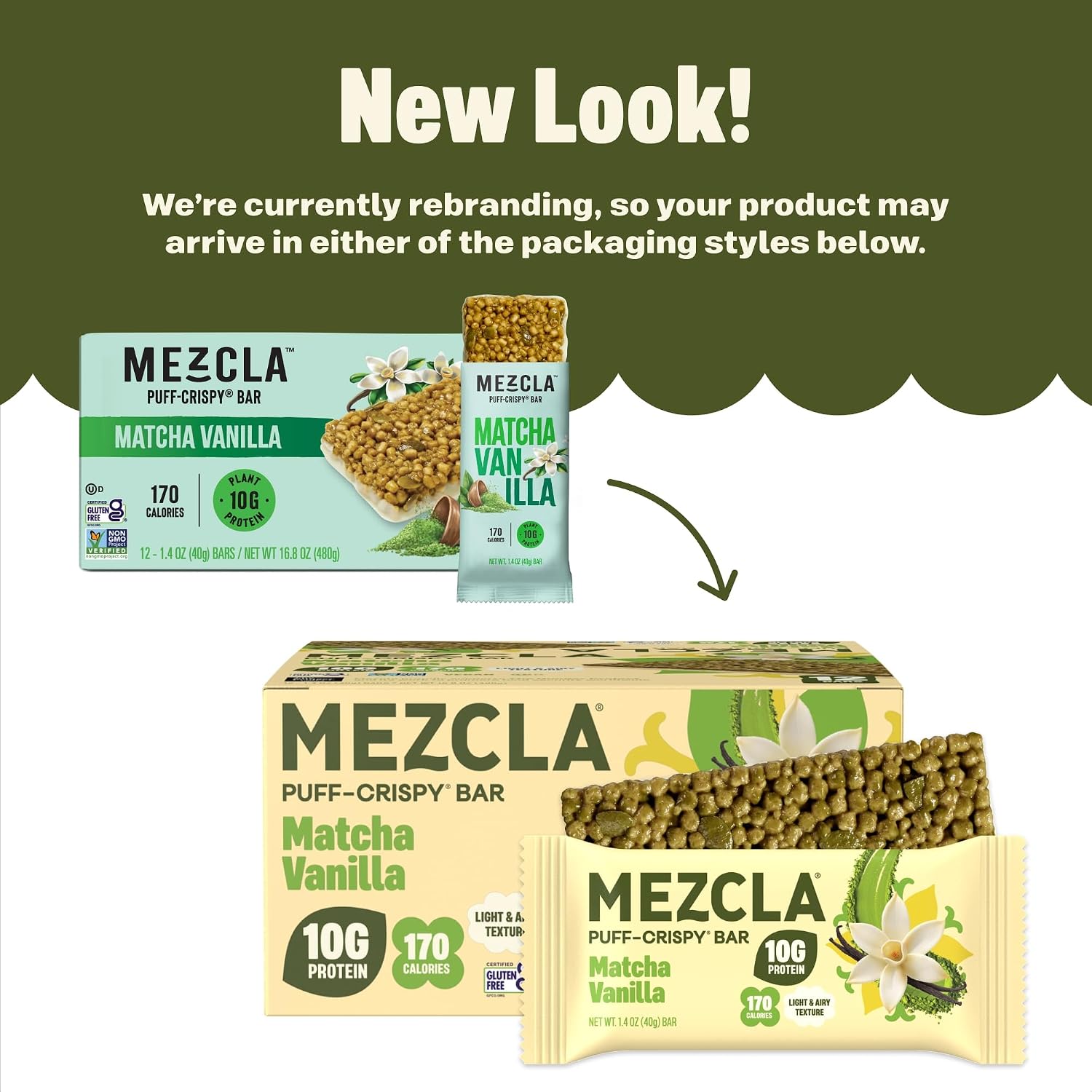 Mezcla Matcha Vanilla Puff Crispy Vegan Bars, 10g Protein, 12 Bars