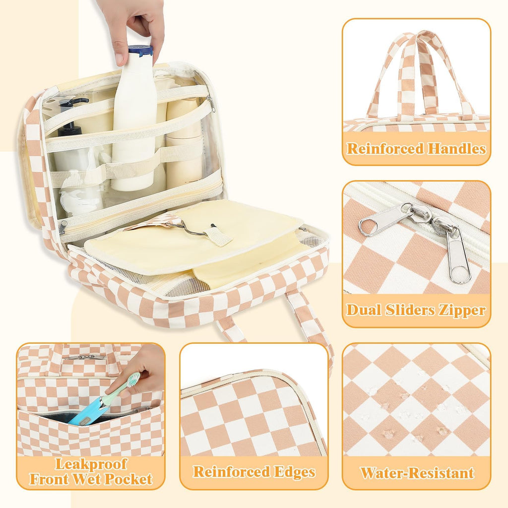Fammart Hanging Travel Toiletry Bag for Women, Waterproof Travel Essentials with Hook, Multi-compartment Checkered Makeup Cosmetic Bag Organizer for Accessories, Shampoo, Leakproof Wet Dry Separation