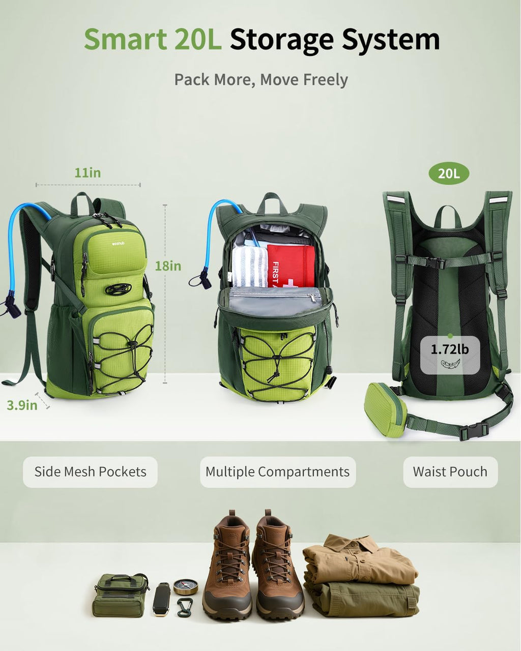 ECOHUB 20L Lightweight Hydration Backpack with 2L Water Bladder&Waist Pack