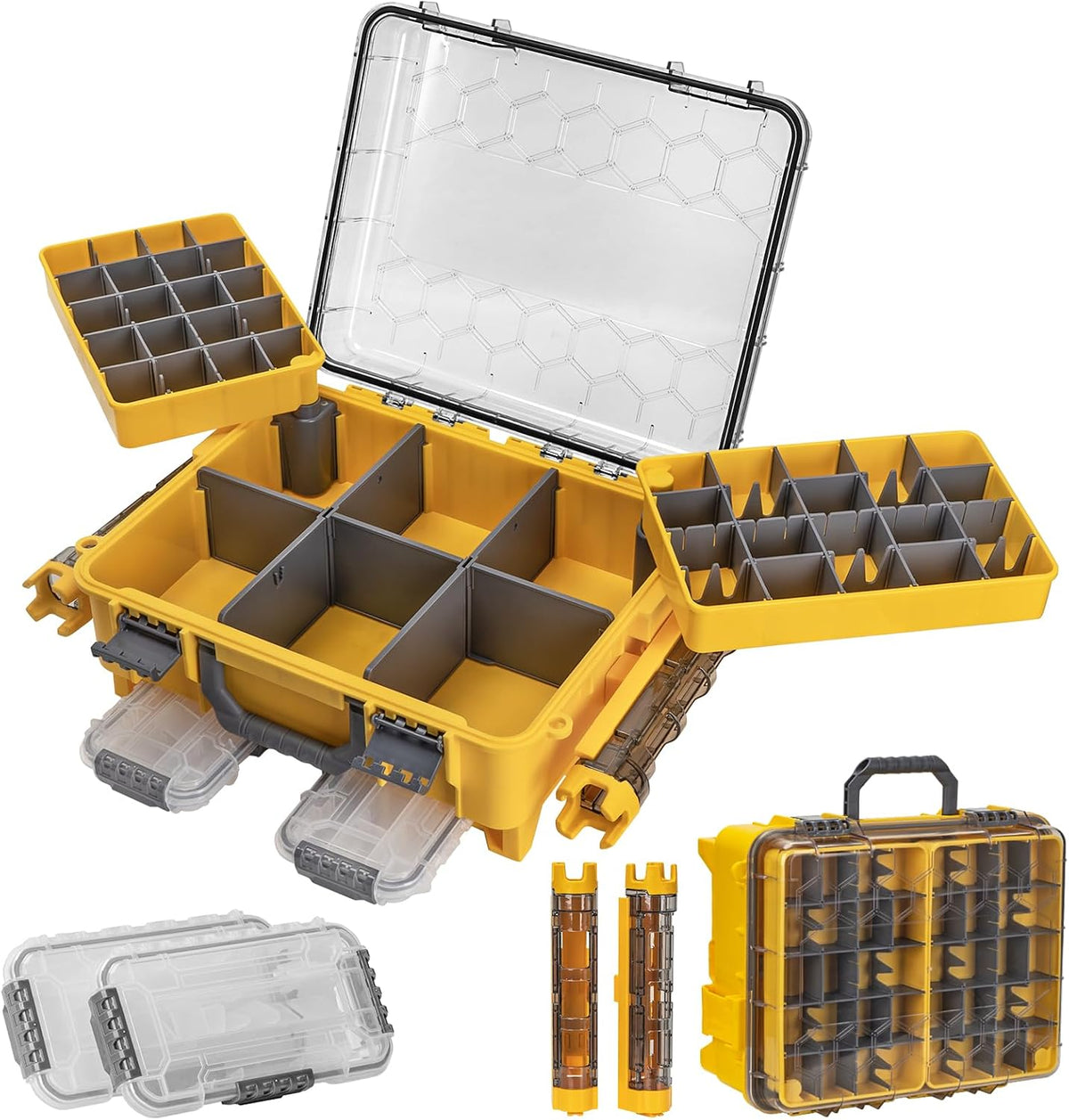 THKFISH Waterproof Double Side Tackle Box, Portable Storage Box with 2 Pack 3500 Stowaway Boxes & Rod Holders, Fishing Lure Organizer YellowPink/Green/Blue/Grey (L-Yellow)