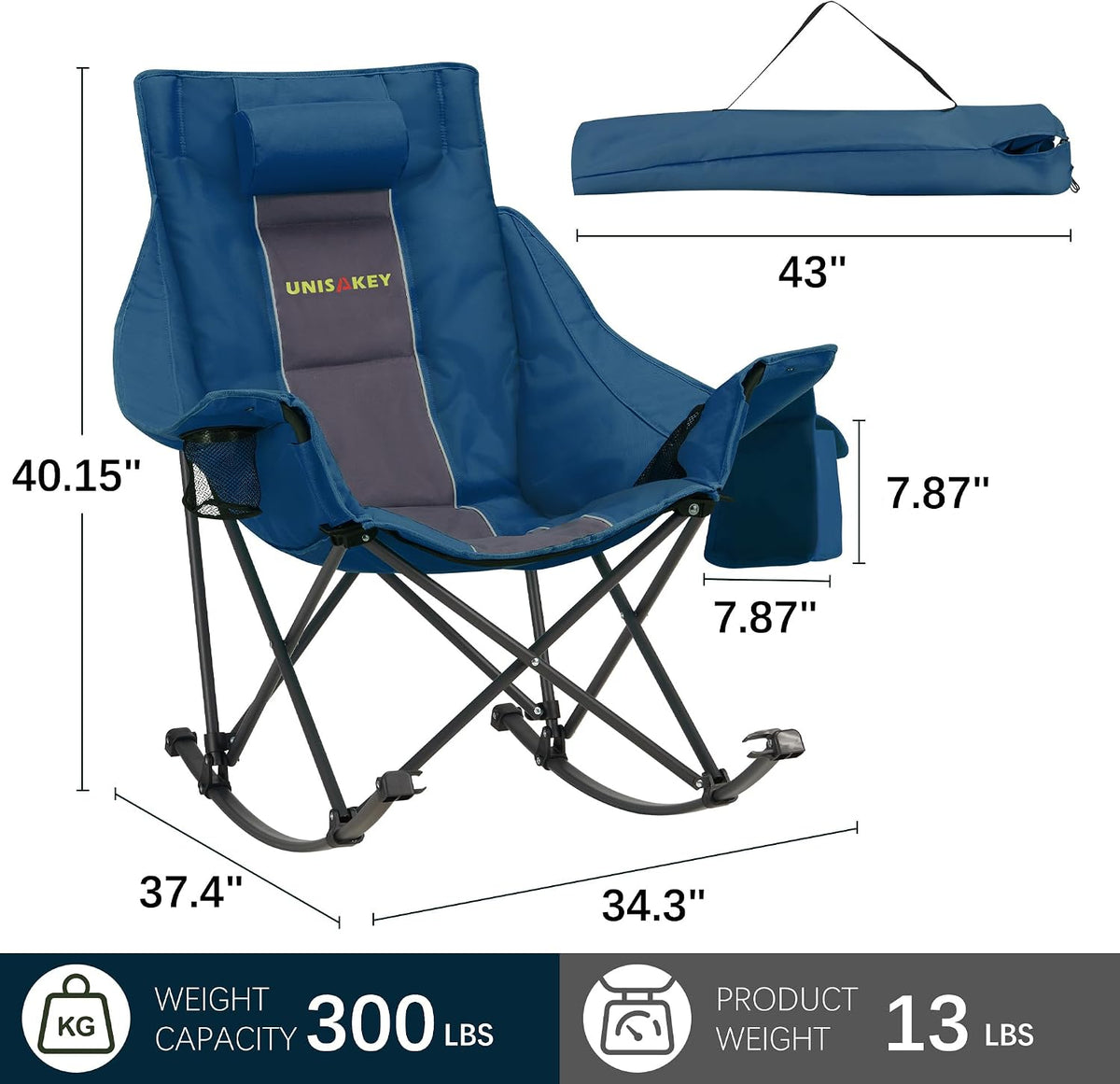 Unisakey Oversize Foldable Rocking Camping Chair300lbs Capacity,Blue