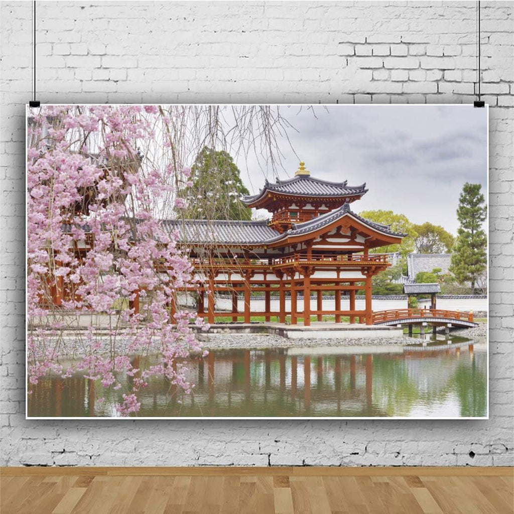 10x8ft Japan Scenery Photography Backdrop Japanese Style Building Garden Pink Cherry Asian Travel Themed Birthday Party Wedding Portrait Photo Studio Props Background Room Wallpaper