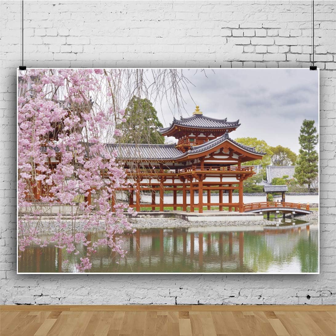 10x8ft Japan Scenery Photography Backdrop Japanese Style Building Garden Pink Cherry Asian Travel Themed Birthday Party Wedding Portrait Photo Studio Props Background Room Wallpaper